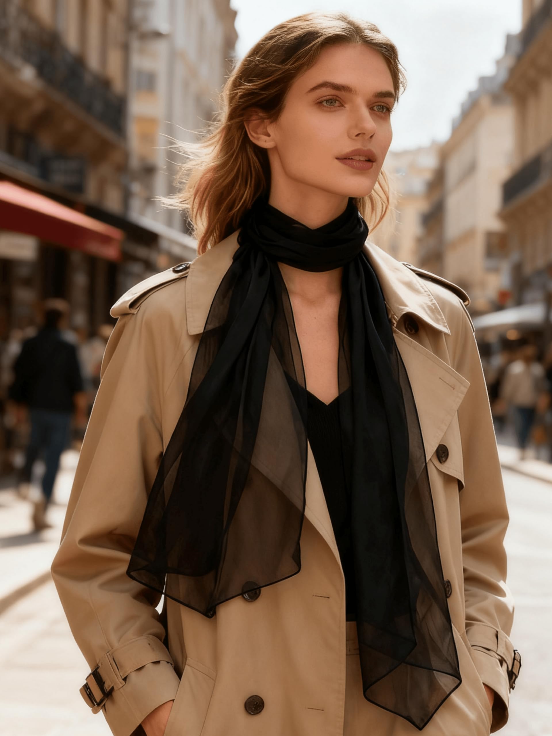 Black Silk Scarf for Women - Sheer Soft Neck Wrap Scarf, 19x63 Inch, Elegant Accessory for Daily Wear, Office, Party and Travel