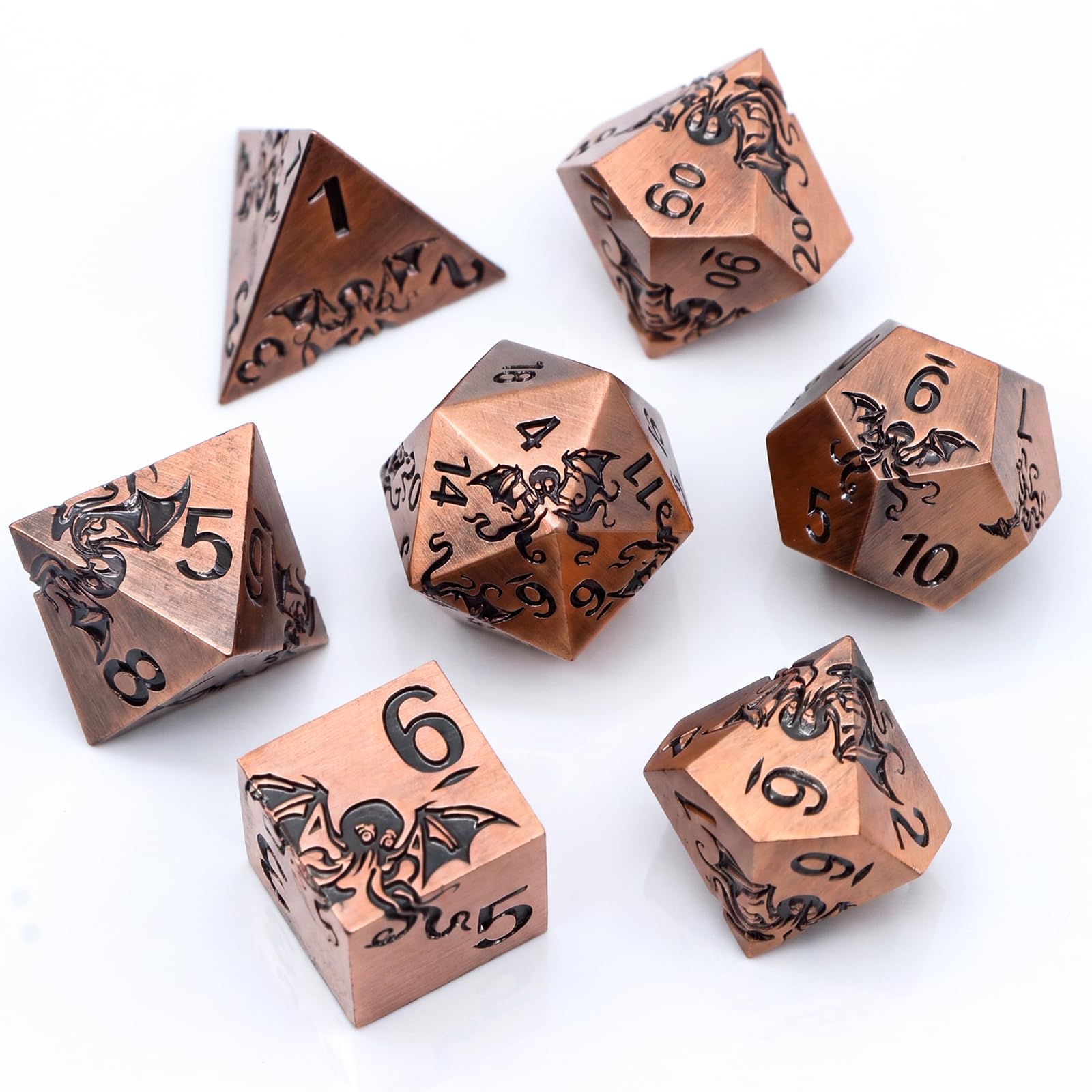 Juego de dados de metal – Diseño Pulpo,7 piezas D4 D6 D8 D10 D12 D20 D00,Dados poliédricos Premium para RPG y juegos de mesa, caja de regalo magnética (bronce antiguo)