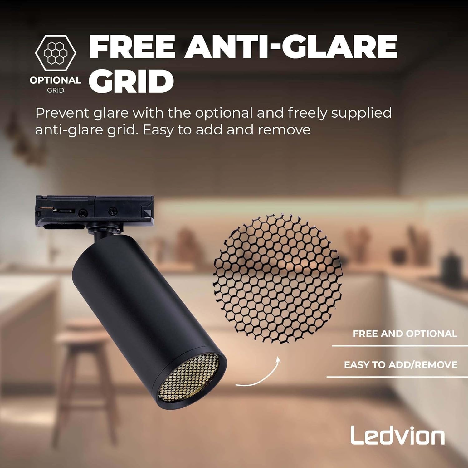 Ledvion spotlight with optional anti-glare grid.