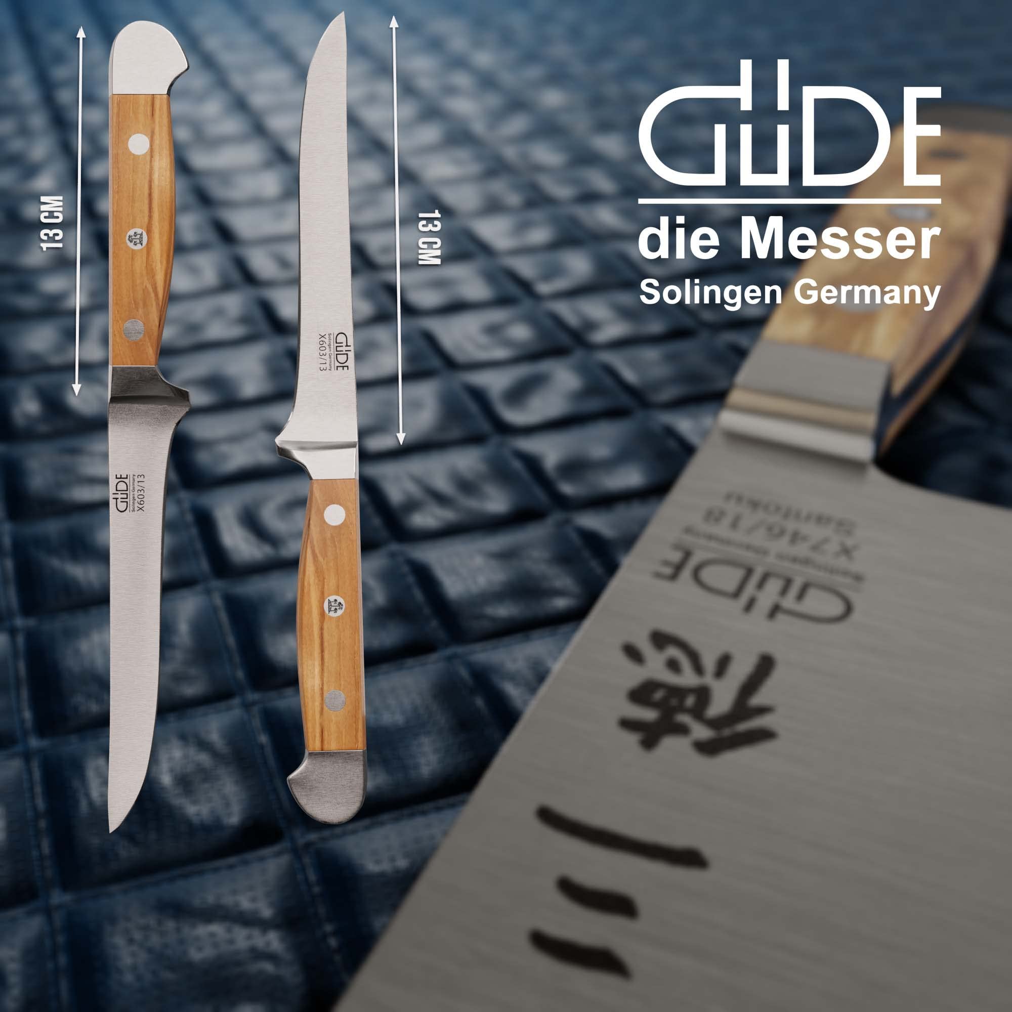 Güde Solingen - Coltello per disossare forgiato, 13 cm, legno d'ulivo, ALPHA-OLIVE - doppio collarino, fatto a mano in Germania