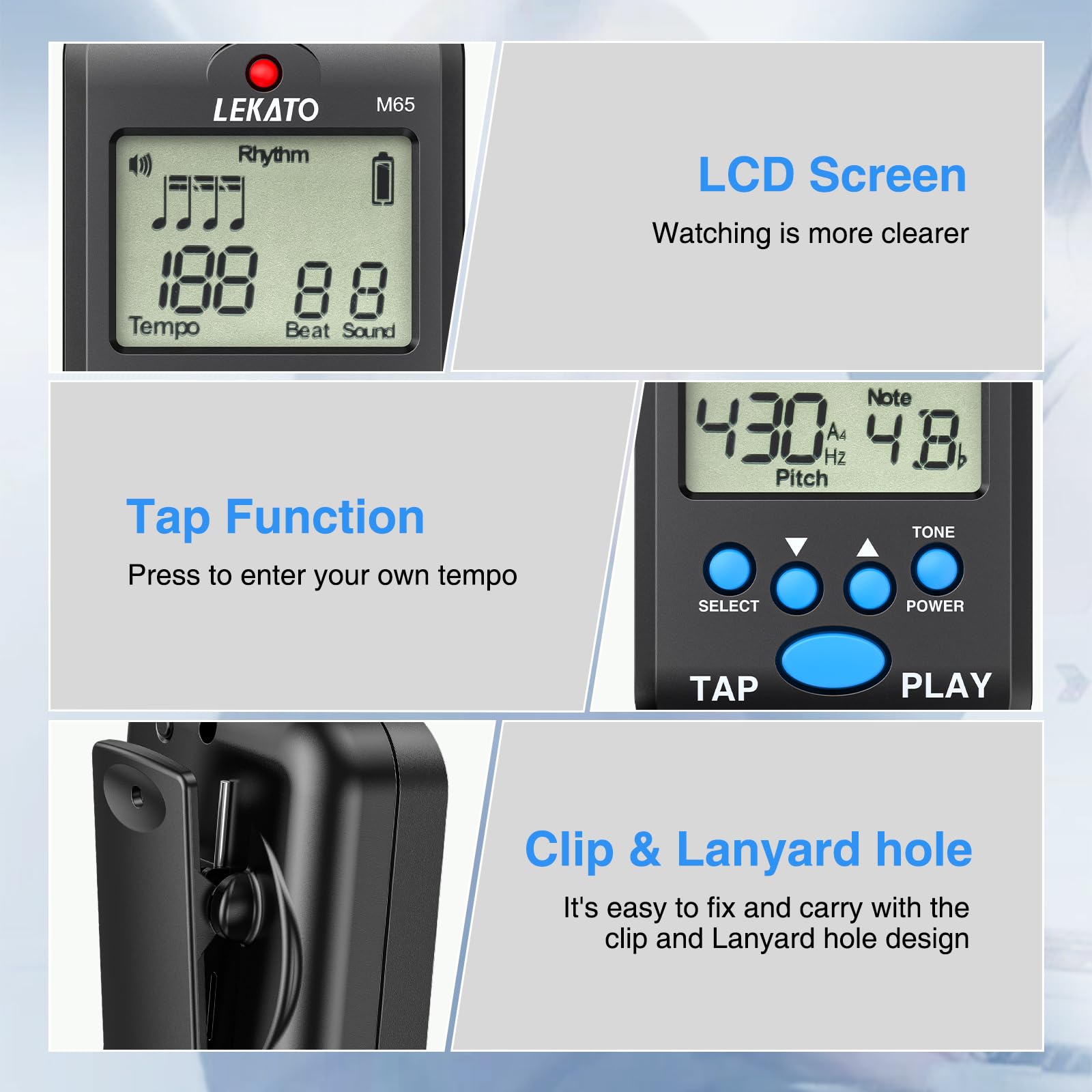 Mini metrónomo digital, metrónomo electrónico LEKATO con batería recargable, portátil, multifuncional, clip, ritmo de ritmo, adecuado para guitarra, piano, violín, batería (negro)