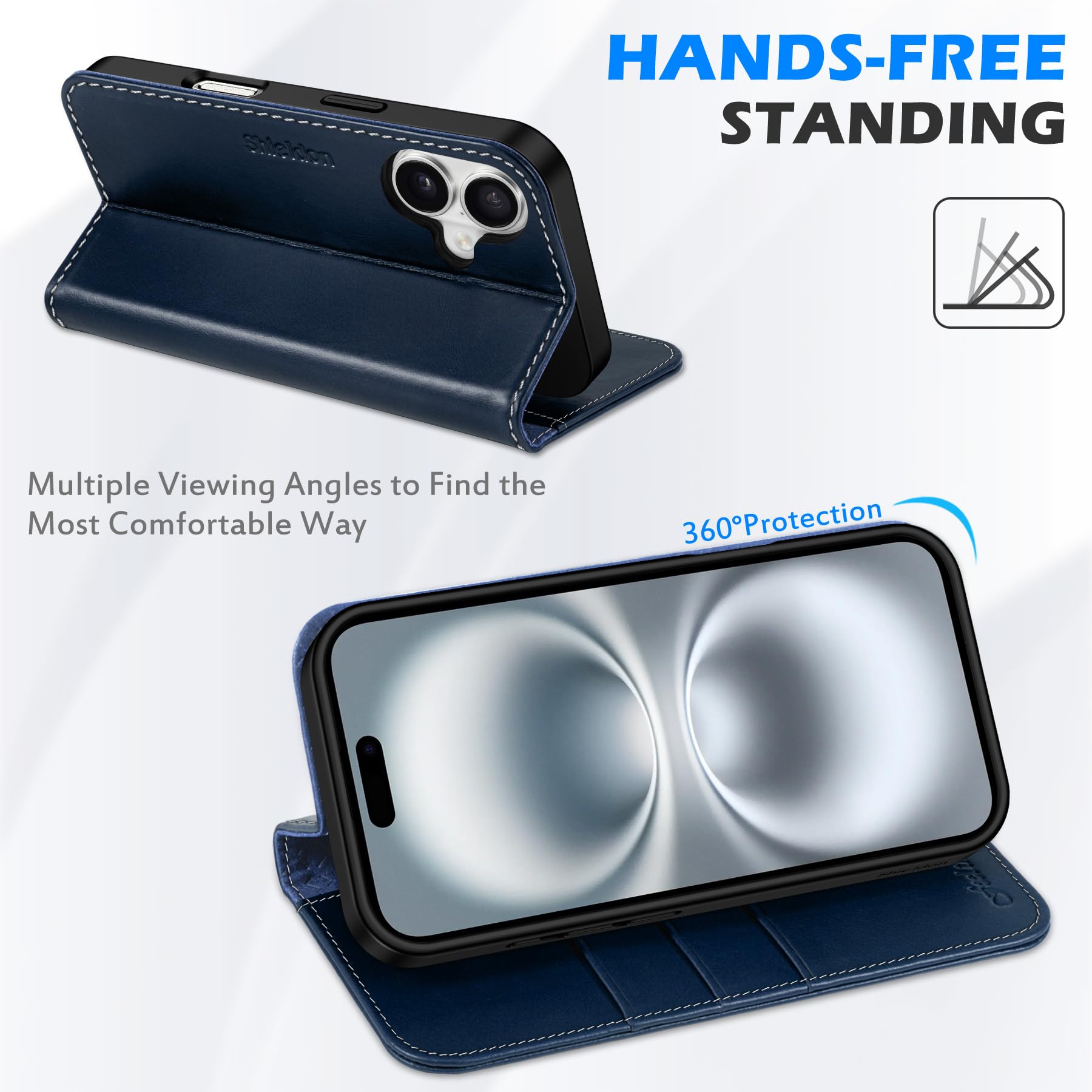 SHIELDON Case For IPhone 16 Pro, Genuine Leather Wallet Case [RFID Blocking][3 Card Slots][TPU Shell] Magnetic Folio Flip Cover With Kickstand Compatible With IPhone 16 Pro 6.3" - Pebbled Black - View #10