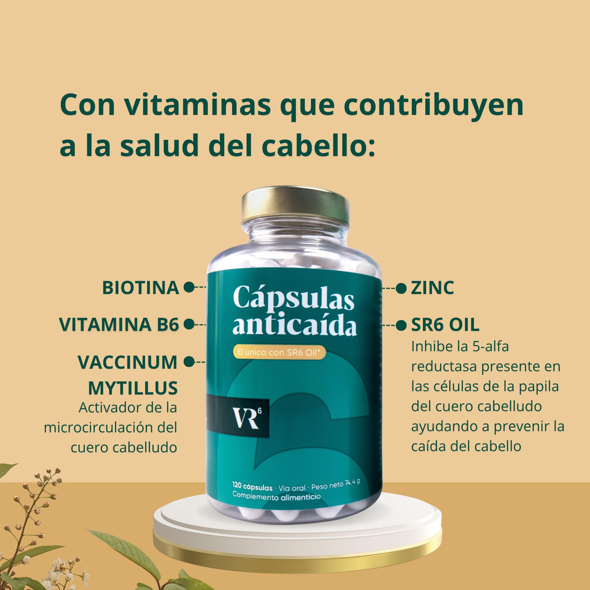 VR6 Hair Cápsulas Anticaída Cabello Mujer y Hombre 120 Uds Biotina Zinc Vitaminas B5 B6 E SR6 Oil