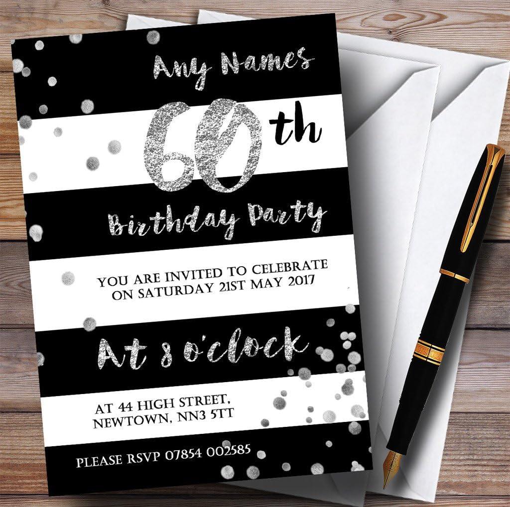 Black White Silver Confetti 60th Personalized Birthday Party Invitations