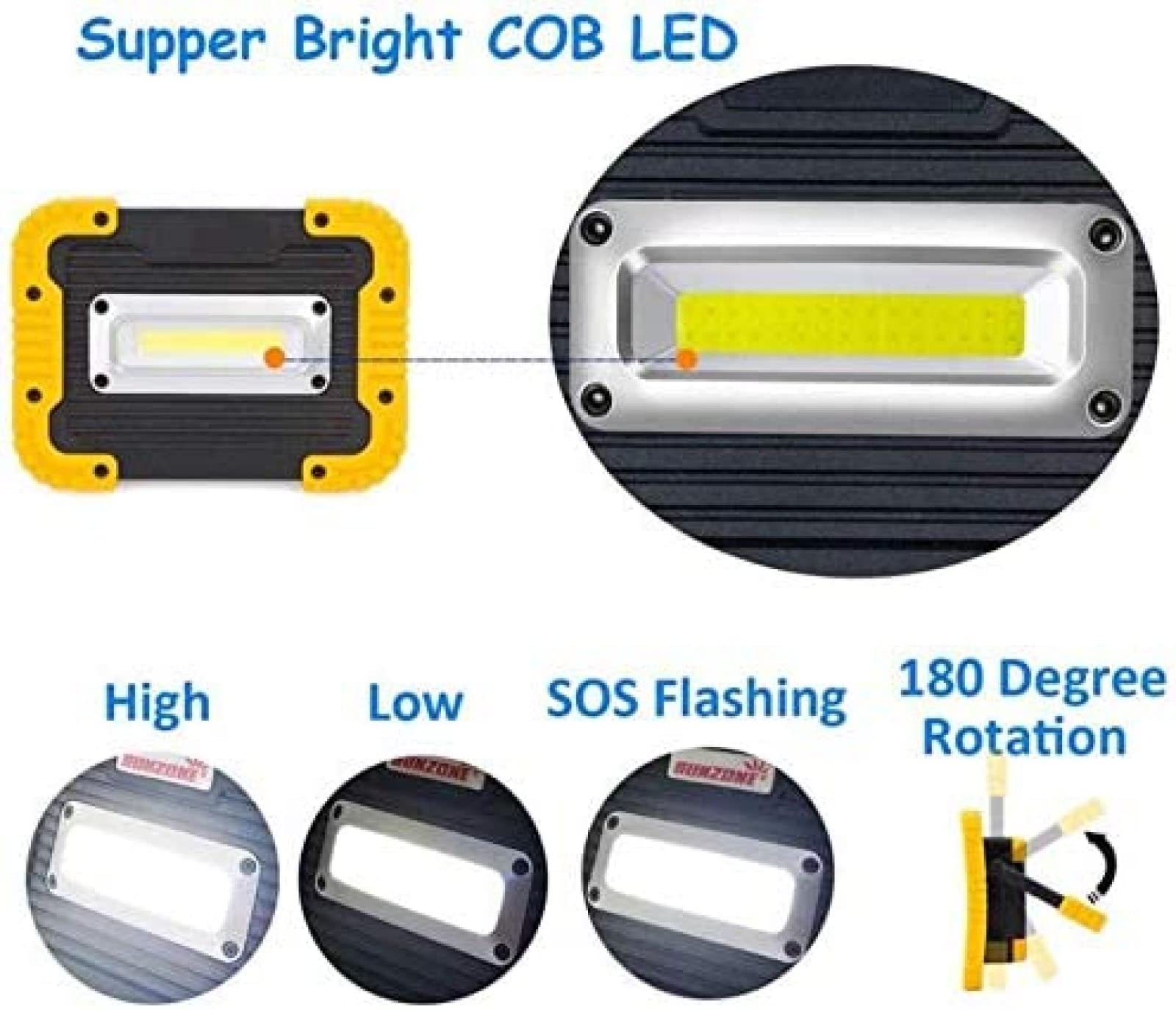 Luz de trabajo LED portátil de 30W 800LM, luces de inundación con baterías de iones de litio recargables incorporadas USB, 3 modos de brillo, IP55 impermeable al aire libre para acampar, ca