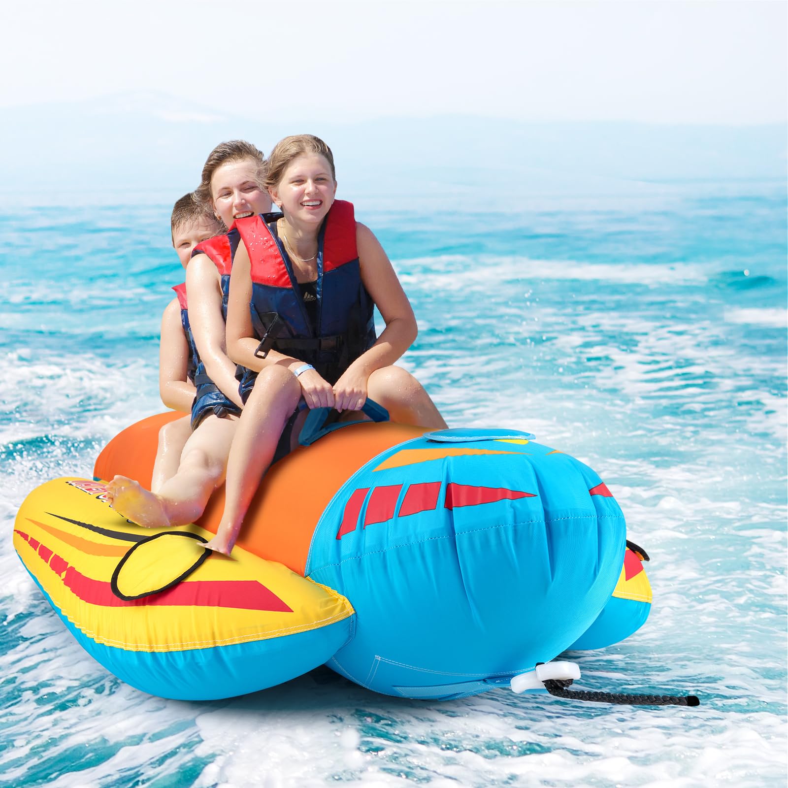 HOMASIS Bateau banane gonflable pour 3 personnes, avec 3 poignées et système de remorquage, sports nautiques Funtube jusqu'à 231 kg, 252 x 108 x 51 cm