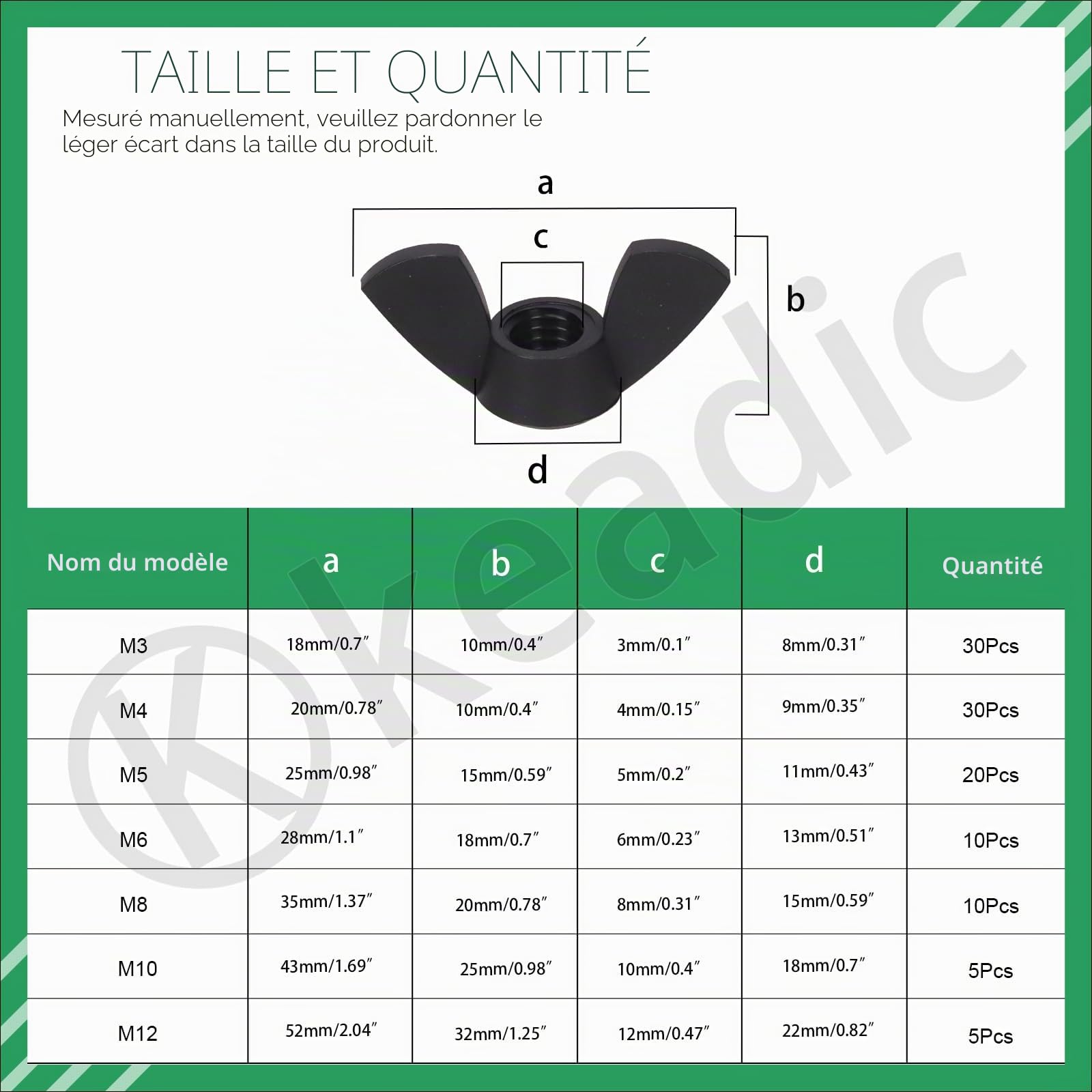 Keadic Lot de 110 écrous à ailettes métriques en nylon M3 M4 M5 M6 M8 M10 M12 Hand Twist Serrage Oreille Papillon Écrous à ailettes pour Home Building Industry (noir)