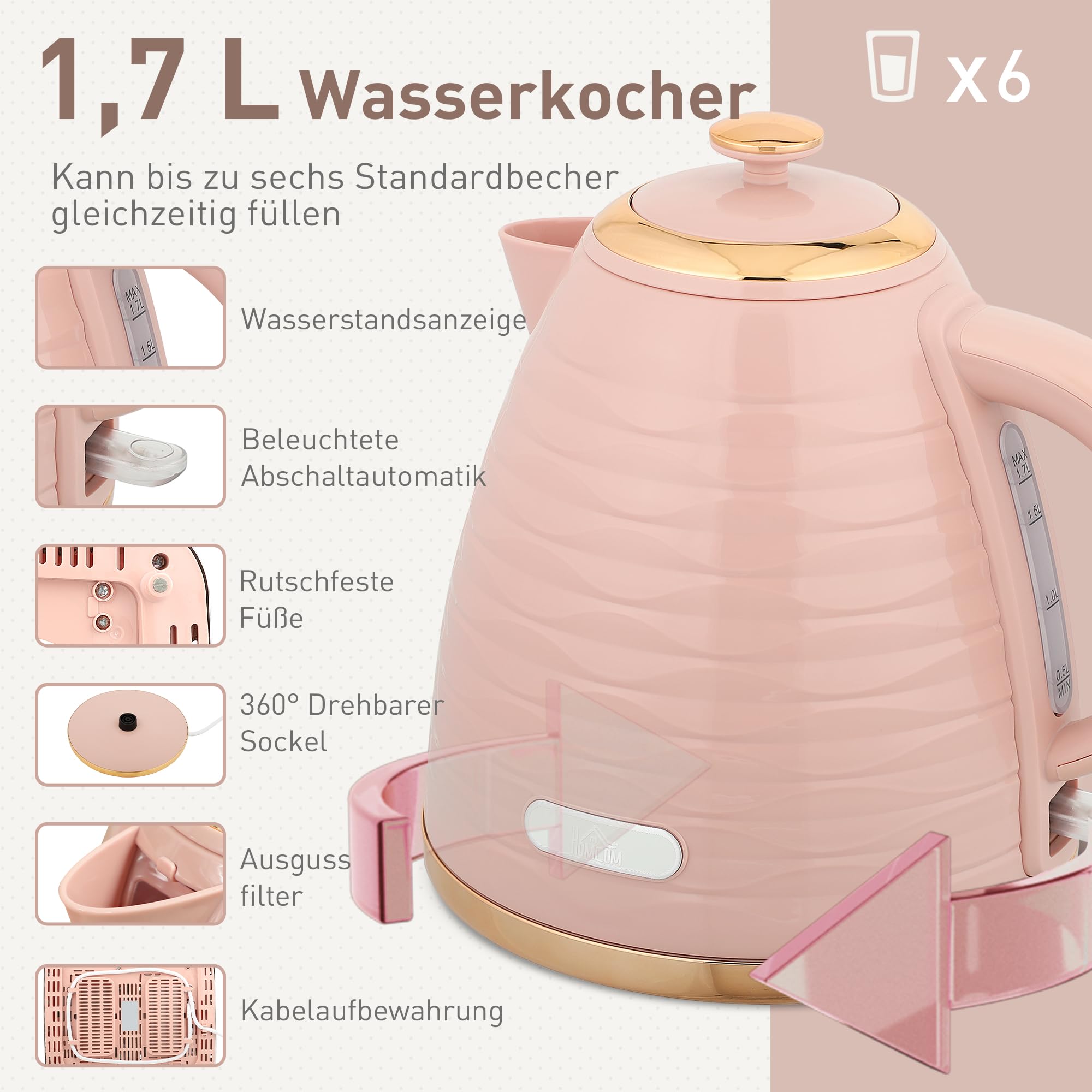 HOMCOM Set petit-déjeuner bouilloire 1,7 L grille-pain 4 tranches 2200 W 7 niveaux grillage thermostat Otter rose