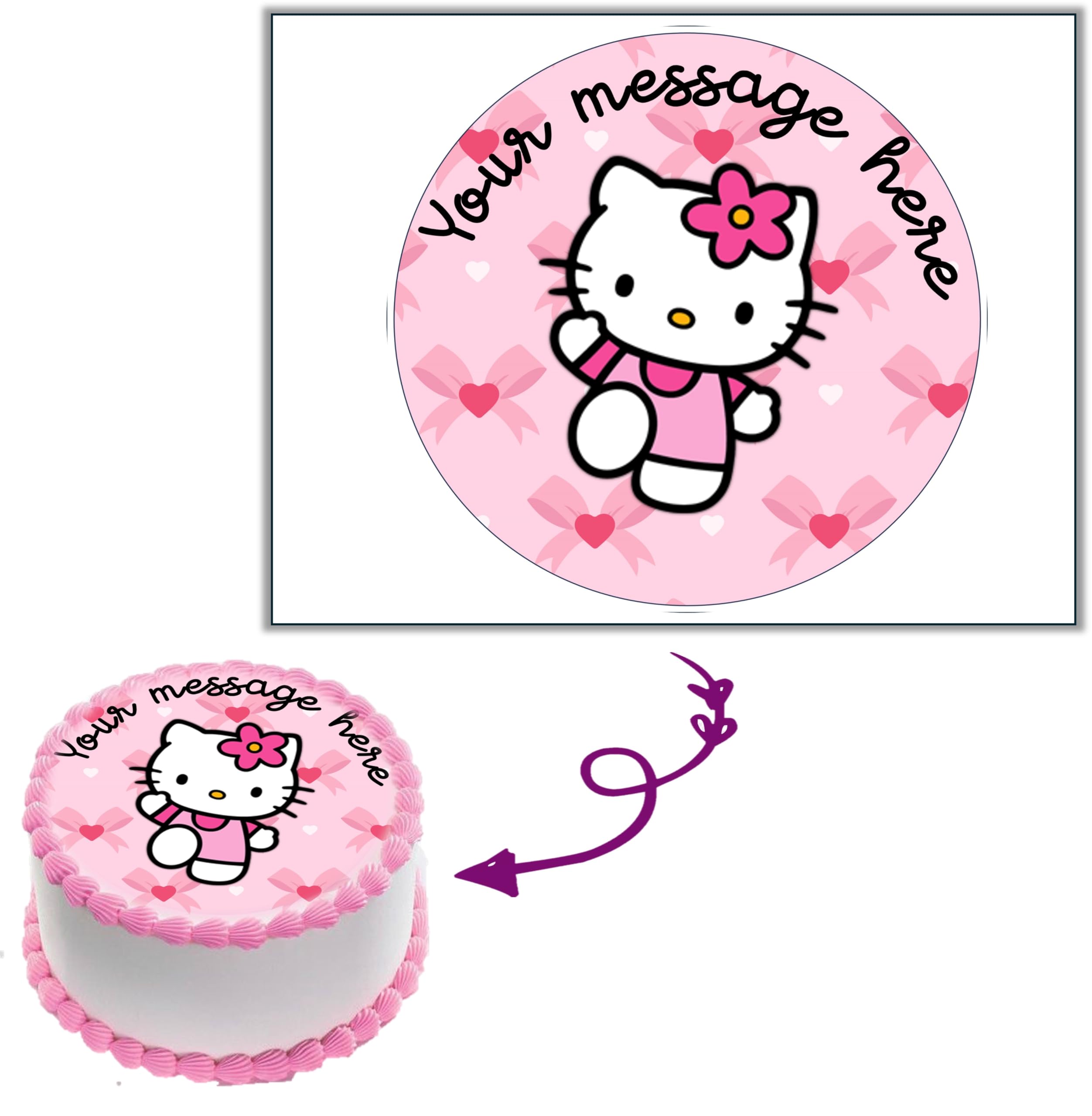 Hello Edible cake images Kitty, topper printed on edible paper sugar icing sheet, Customize your own kitty cat cake topper, with your own message and size. NON PRECUT