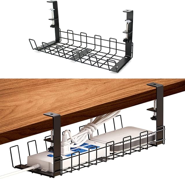 QMET Cable Management Under Desk No Drill, Desk Cable Tidy Tray, Metal Wire Storage Basket, Holds Up to 5 KG(Black)