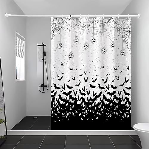 Miniatura 4 de Cortina de ducha de Halloween, cortina de ducha de murciélago aterrador con 12 ganchos, cortinas de ducha de calabaza de terror de Halloween para