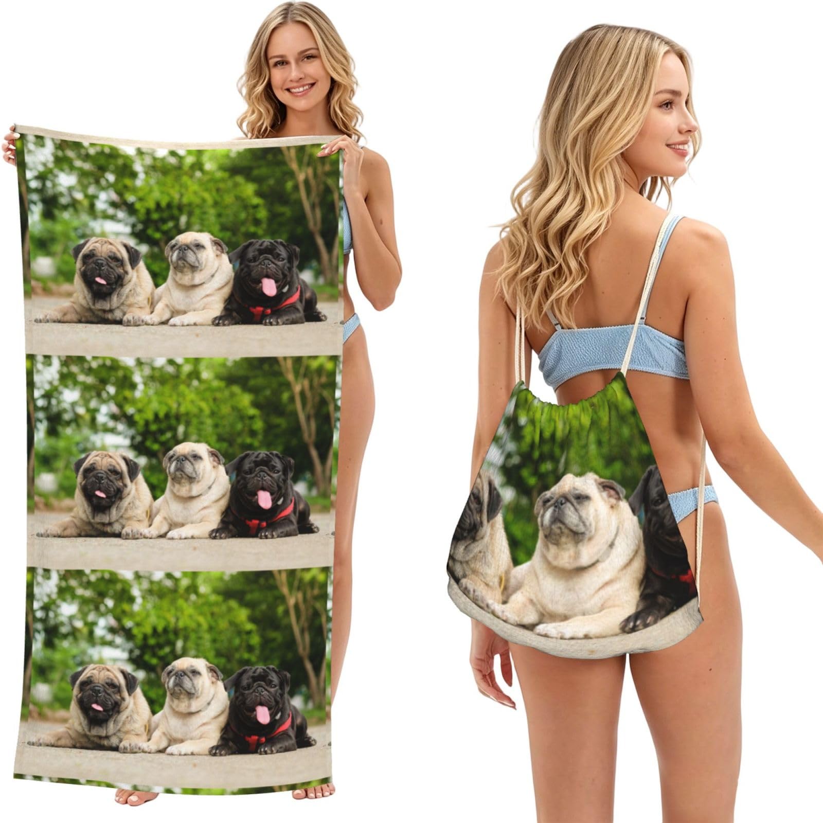 Poadnly As Picture Pug Friendship Bokeh Dogs Pets Friends Pug, 2 In 1 Packable Towel Bag, Beach Towels With Drawstring Backpack For Travel Holiday Camping