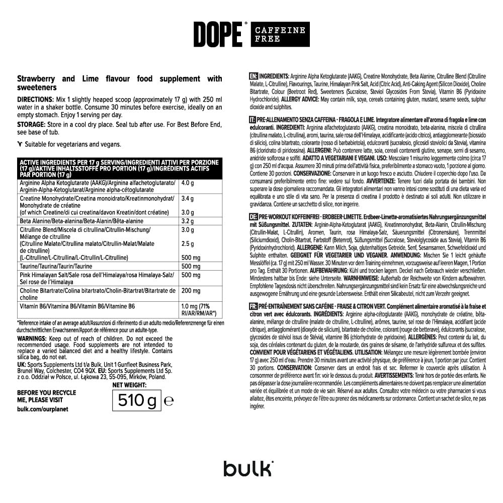 Dope Poudre Pré-Entraînement Sans Caféine | Strawberry Lime | 510g | 30 Portions | Sans Stimulants | 3,2g Beta Alanine | 3g Créatine | Mélange Citrulline AAKG | Vitamine B6 | Soutient la Puissance