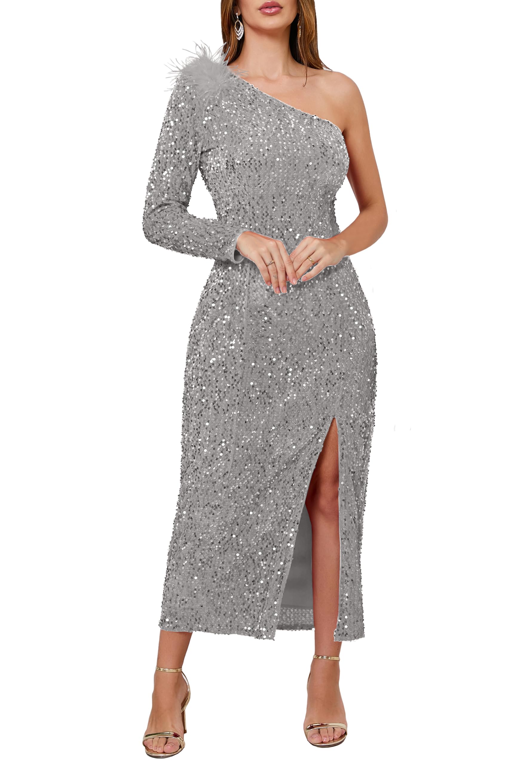 VERWIN Abito lungo da donna con paillettes, scollo rotondo, maniche lunghe, scintillante, a sirena, per feste e cocktail, Argento, M