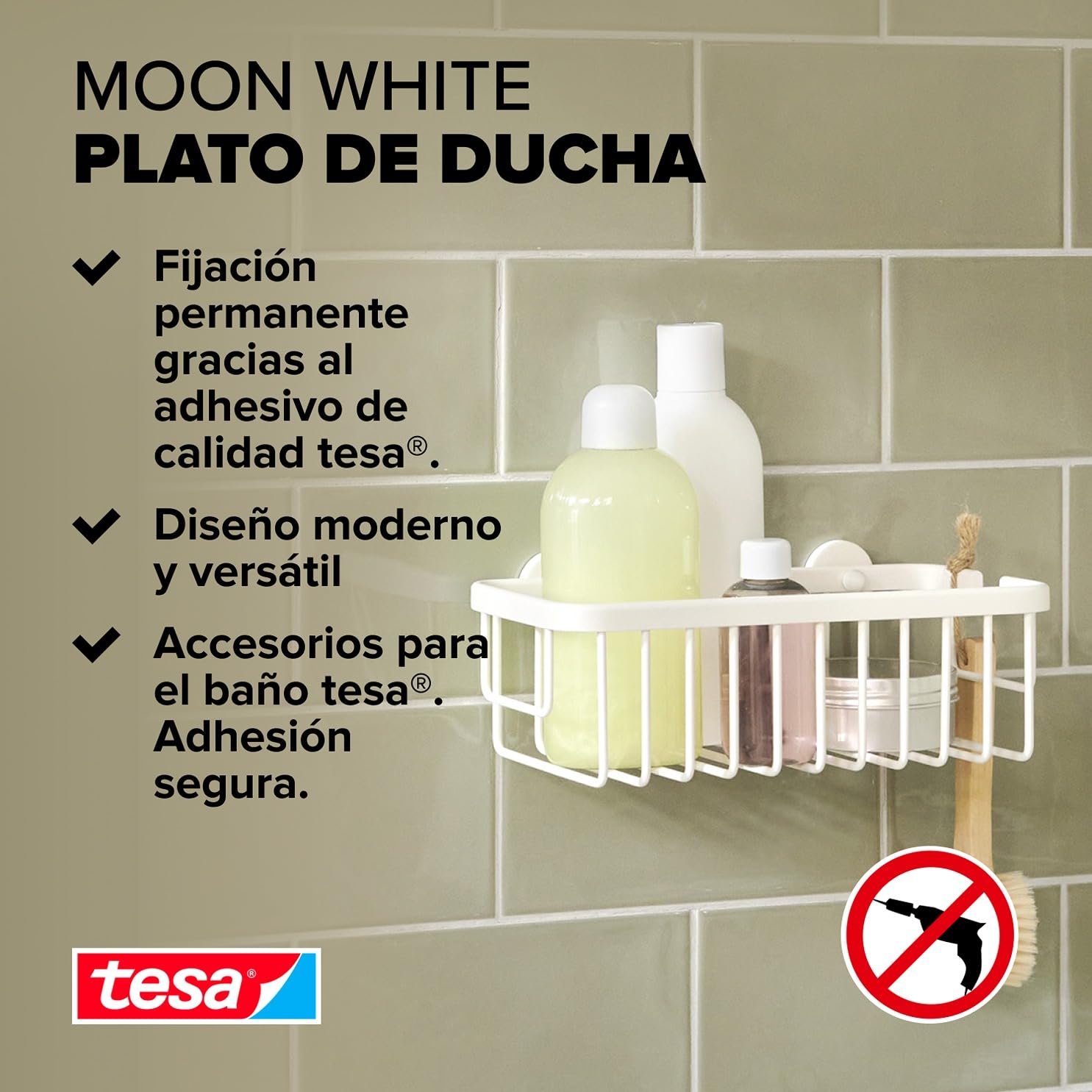 tesa® MOON WHITE Cesta para Ducha, Blanco Mate, Un Solo Nivel | Extra Profundo, Baños Modernos y con Estilo Industrial, Montaje Adhesivo sin Taladrar, 92 mm x 250 mm x 125 mm