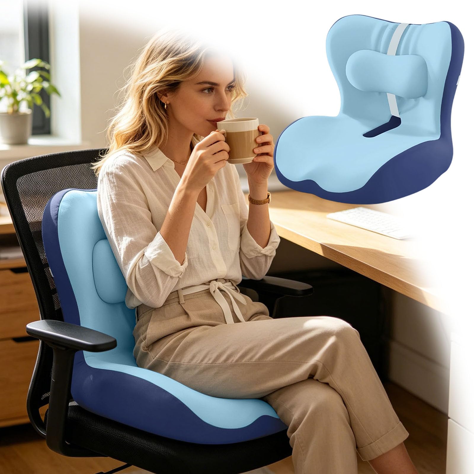 Generisch Cojín de espuma viscoelástica en forma de L integrado con soporte lumbar, cojín ortopédico para silla de oficina, respaldo ergonómico y cojín para el hogar, coche, silla de ruedas y sillas