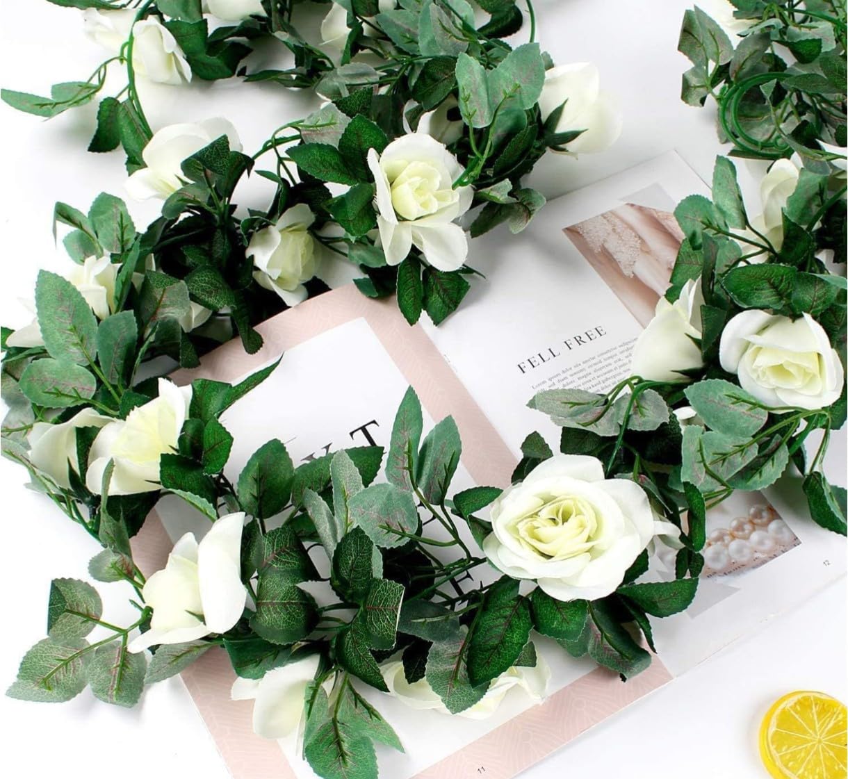 VRB Dec 1 Pcs Artificial Flower Vine Garlands Hanging Artificial Flowers for Decoration Small Peony Roses Garland (6 ft Long) Flowers Silk Peony Roses for Diwali/Ganpati/Christmas. (White) 3