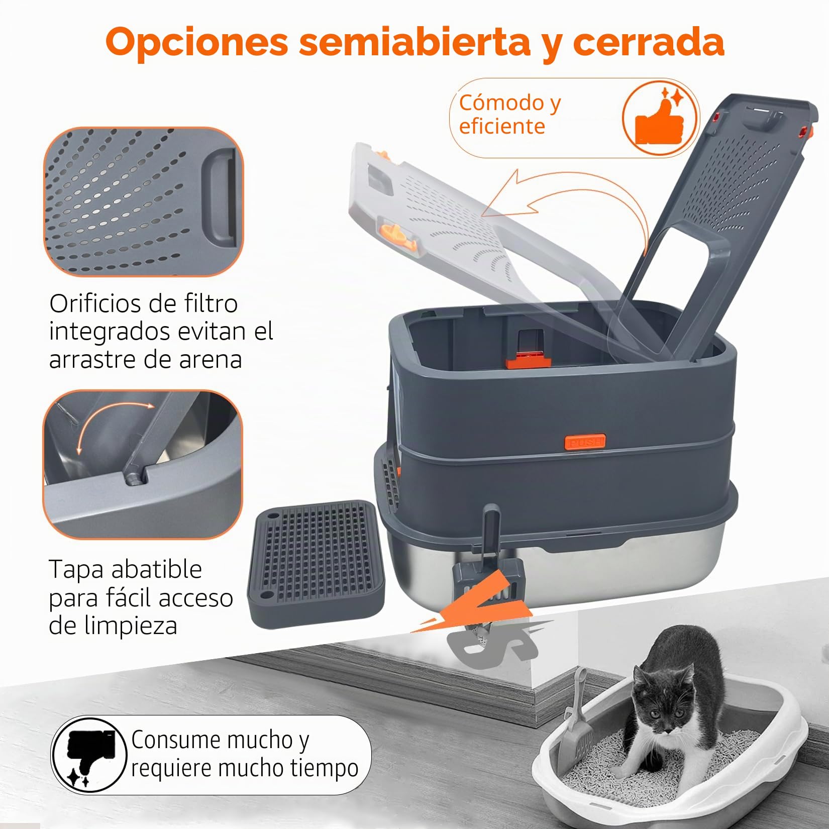BingoPaw Arenero Gatos Acero Inoxidable Caja de Arena para Gatos Cerrado Grande Metal Extraíble Litter Box Anti-Fugas, Sin Olor, Fácil de Limpiar Cat WC con Pala y Cernidor 58x42x42cm, Gris