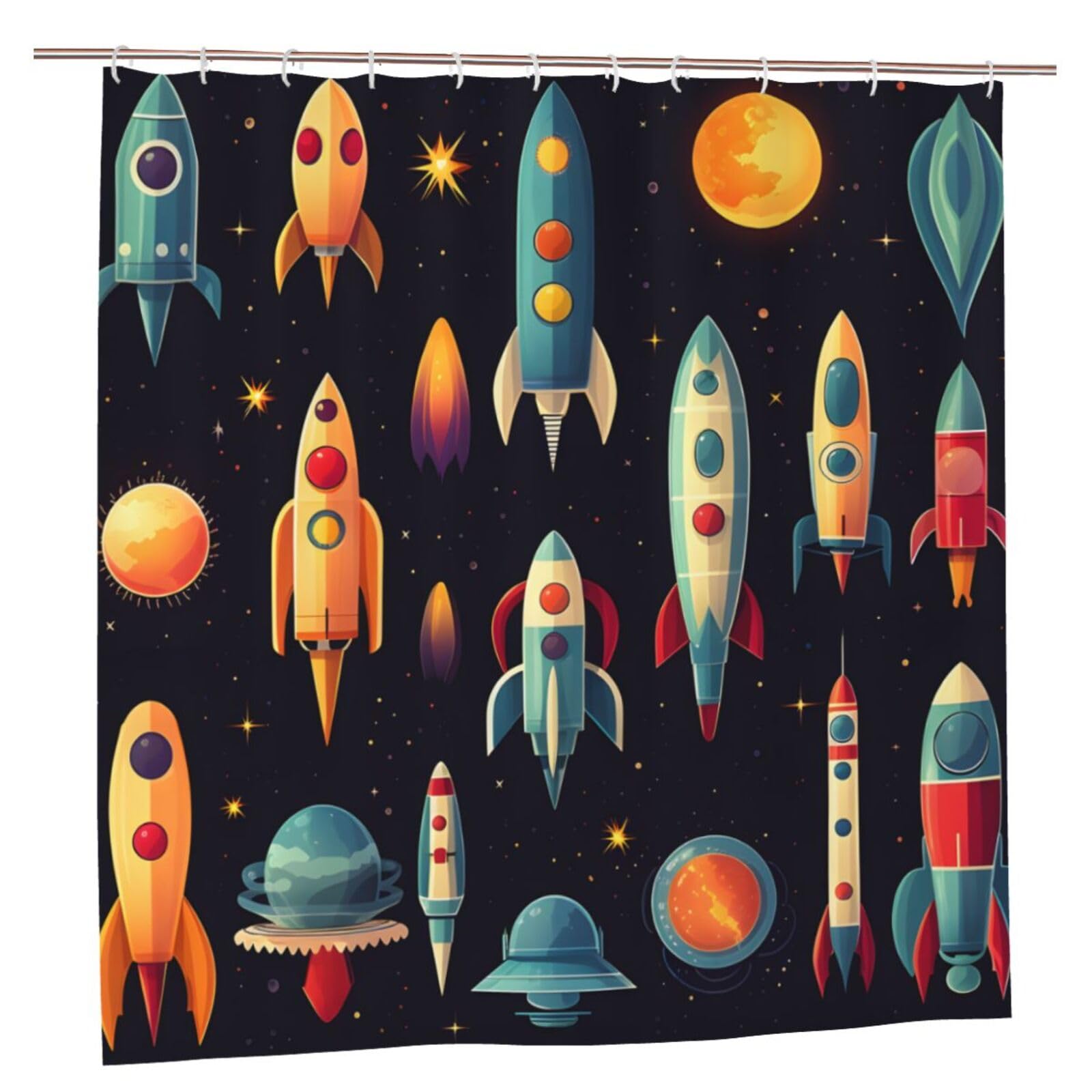 Rideau de douche imperméable avec crochets fusée et ciel étoilé Mexpekil 183x183