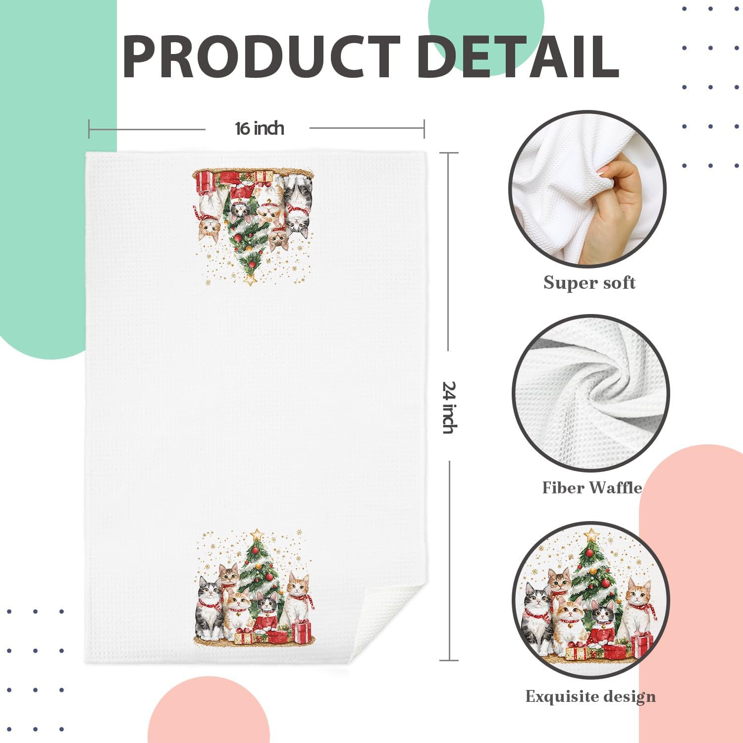 Christmas Tabby Cat Kitchen Towels, Cat Mom Lady Owner Gifts for Christmas Dish Pet Lover Gifts Hand Towel for Bathroom Kitchen, 16x24 Inch image 2