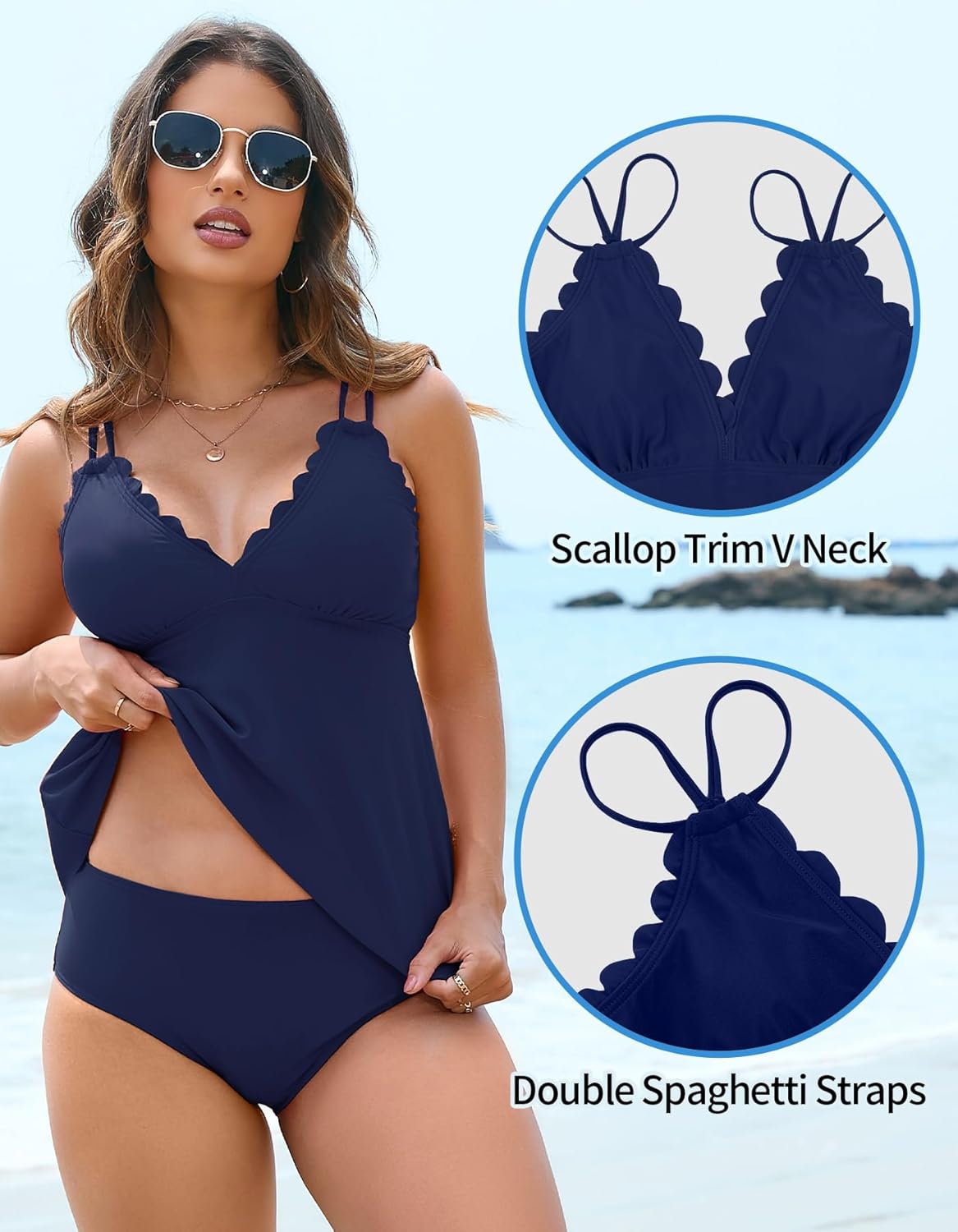 ANFILIA Two Piece Tankini Swimsuits for Women Scallop Trim V Neck Tankini Top with Bottom Tummy Control Bathing Suit - Image 5