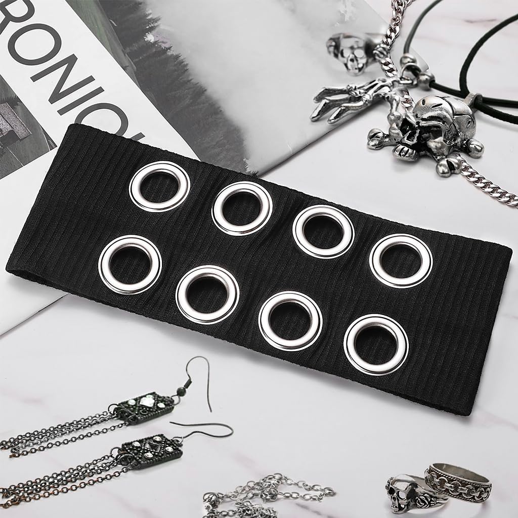 SANNIDHI® Hairband for Woman Black Hollow Out Eyelets Elastic Headbands Y2K Punk Grunge Fashion Wide Headpiece Grommet Eyelet Design Hair Band Stretchy Casual Hair Accessories for Woman 4