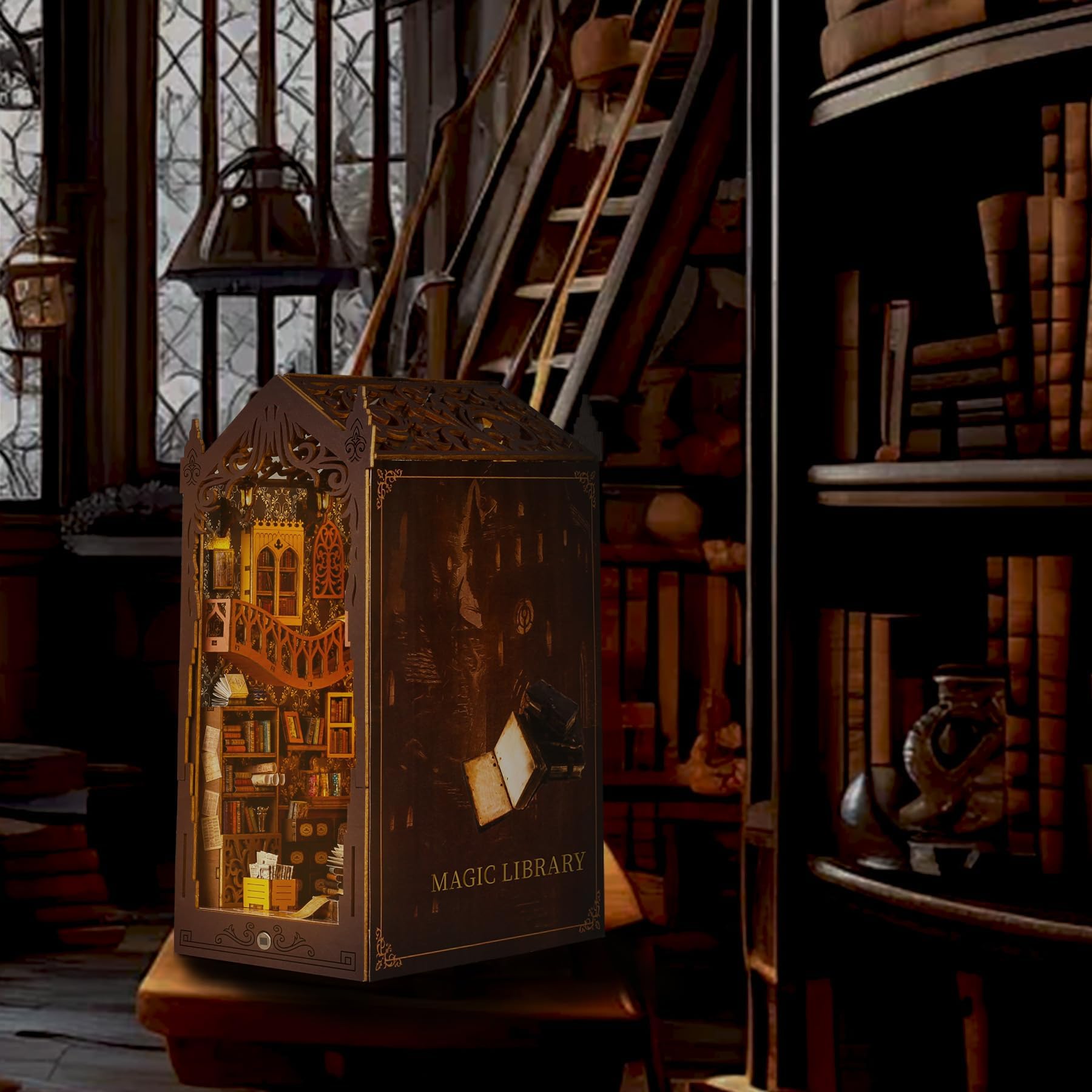 Book Nook Kit, DIY Magic Bookstore Book Corner Kit with LED Light 3D Wooden Puzzle Bookshelf Decor - Library - Image 2