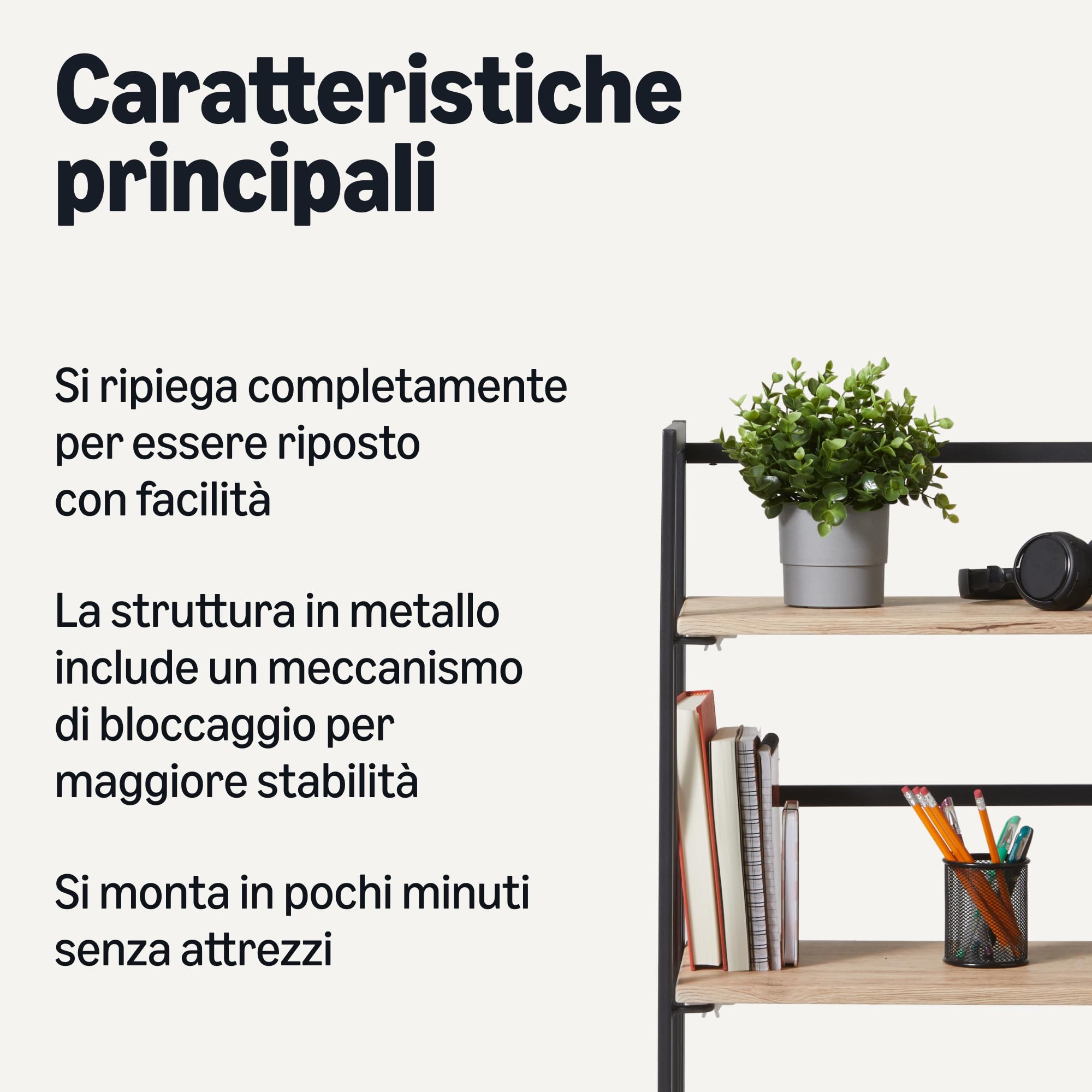 Amazon Basics - Libreria Pieghevole, Struttura in Metallo, 4 Ripiani in Legno, Soggiorno, Camera da Letto, Ufficio in Casa, Facile da Montare, Rovere, 29,5cm x 60cm x 125cm