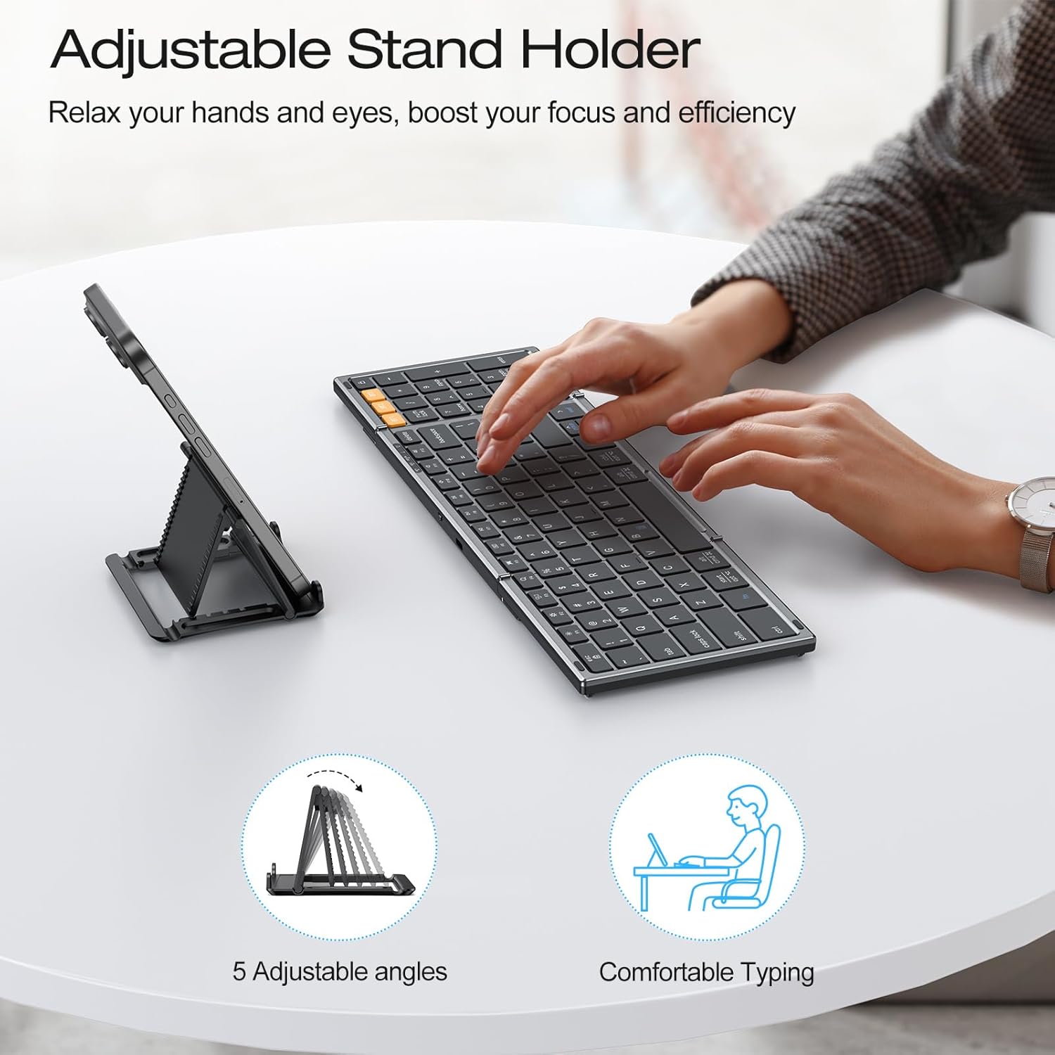 OMOTON Foldable Bluetooth Keyboard Supports Up to 3 Devices, Rechargeable Wireless for iPad iOS Android Tablet MacOS Windows Laptop PC, Full Size Folding Travel Keyboard, Space Grey