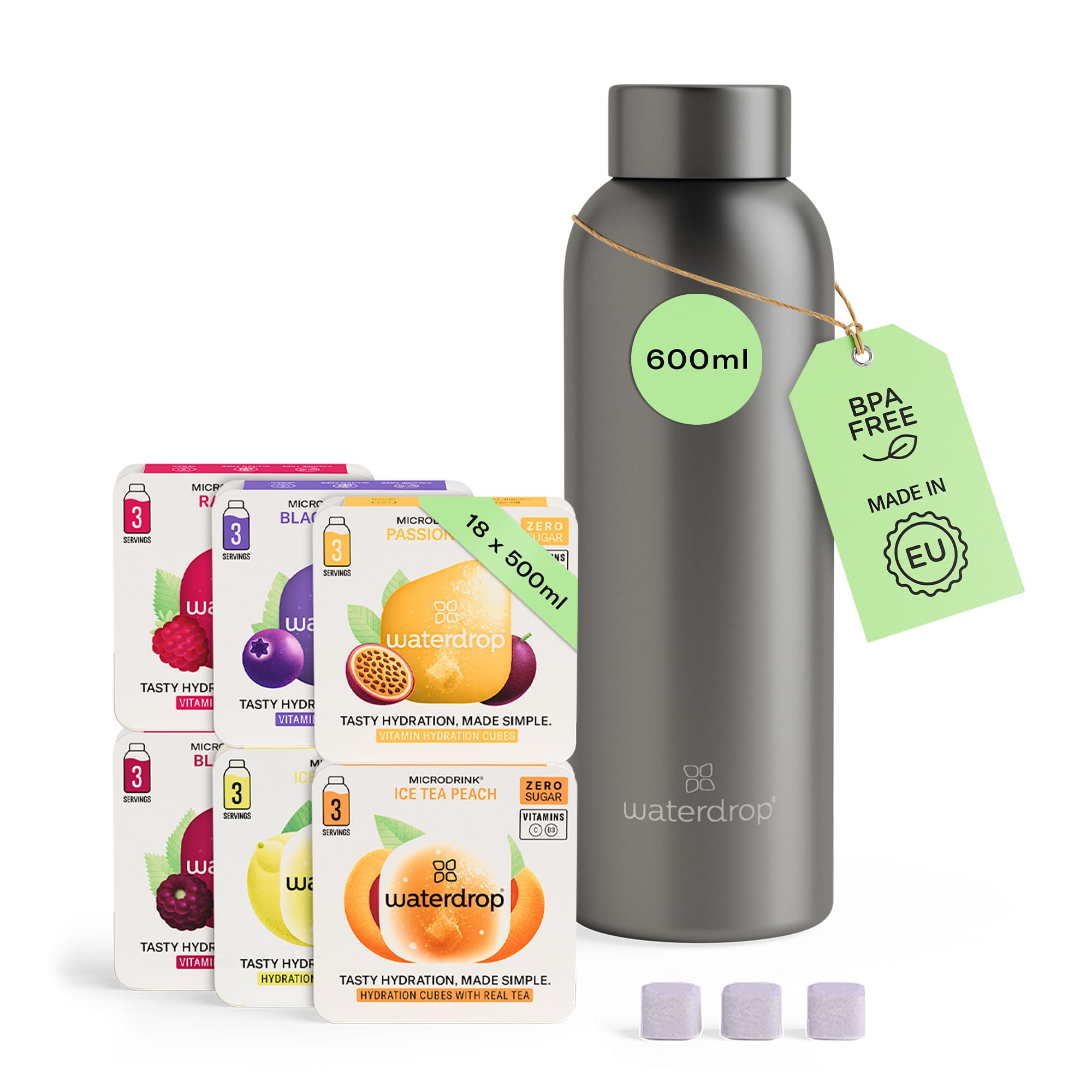 Waterdrop® Starter Set Steel - 600 ml Stainless Steel Bottle + 18 Water Flavouring Hydration Cubes, Vitamin Infused, Sugar Free Microdrink