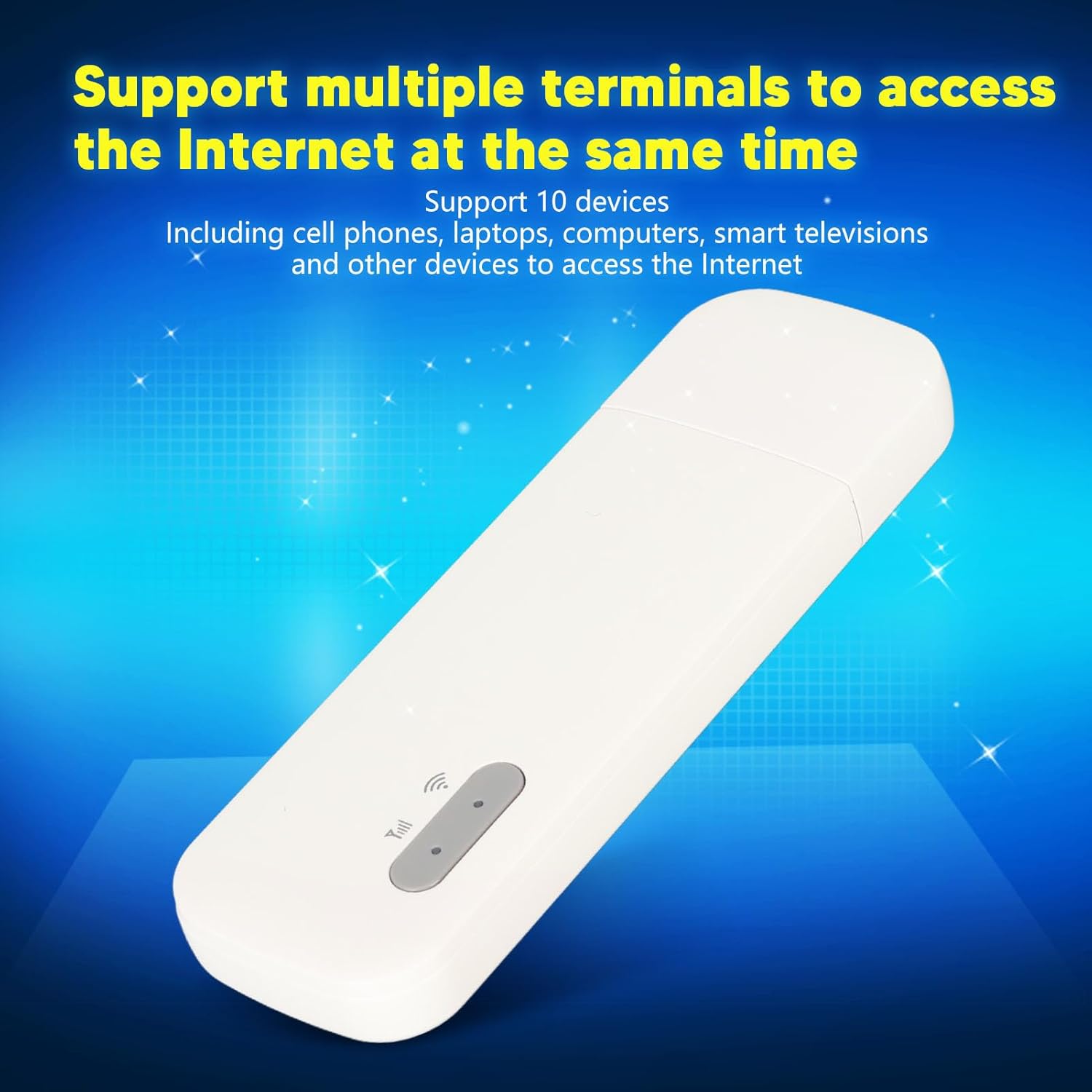 Gavigain 4G USB WiFi Dongle illustrating simultaneous internet access for up to 10 devices.