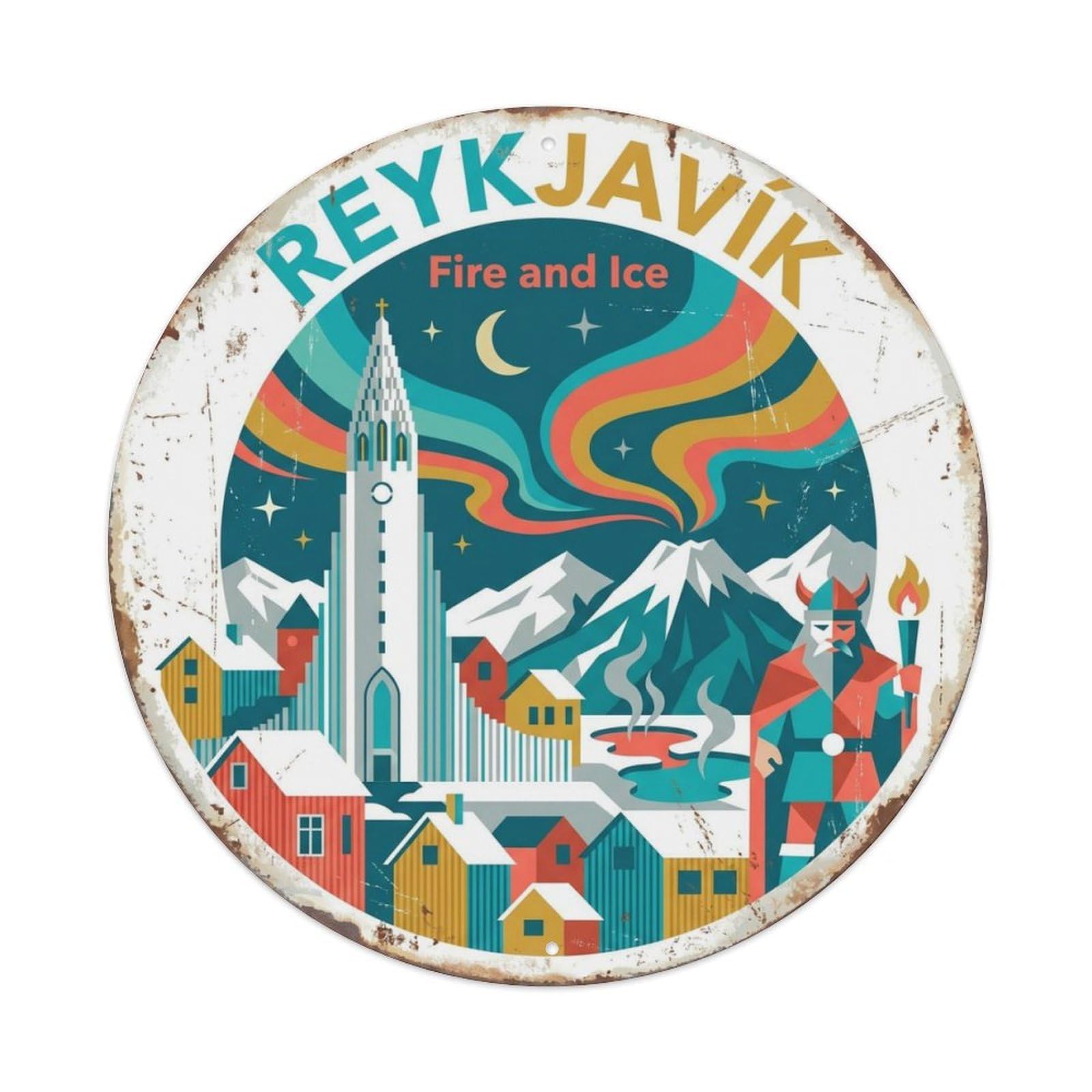 Vintage Travel Reykjavik Iceland Winter Metal Tin Sign Plaque Wall Decor for Cafe, Club Bar, Office, Home Garden Round Metal Poster 8x8Inch