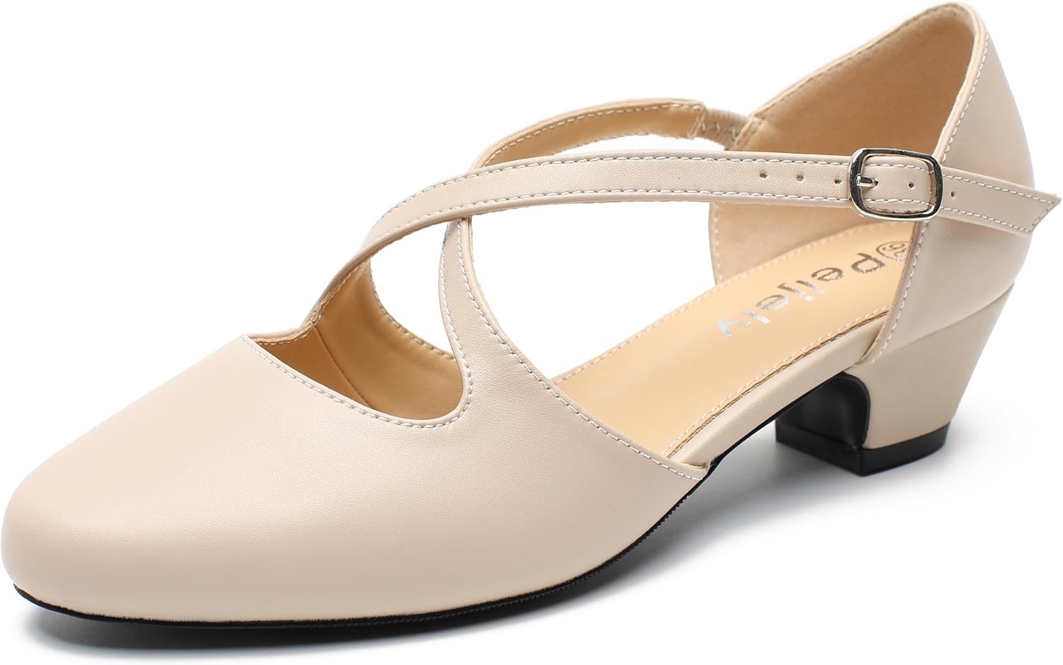 Women's Low Chunky Heel Pumps Cross Strap Closed Toe Dress Shoes