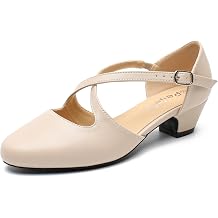 Womens Low Chunky Heel Pumps, Cross Strap, Closed Toe Dress Shoes