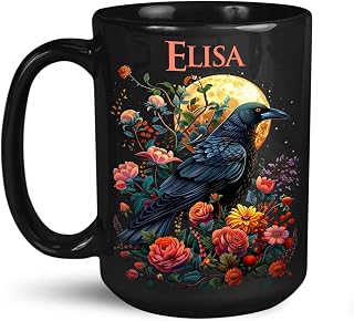 Crow With Colorful Flower Design Mug, Custom Name Coffee Cup For Men Women, Personalized Animal Lover Ceramic Mug, Awesome Bird Decorative Cup, Customized Crow Black Mug 11oz 15oz