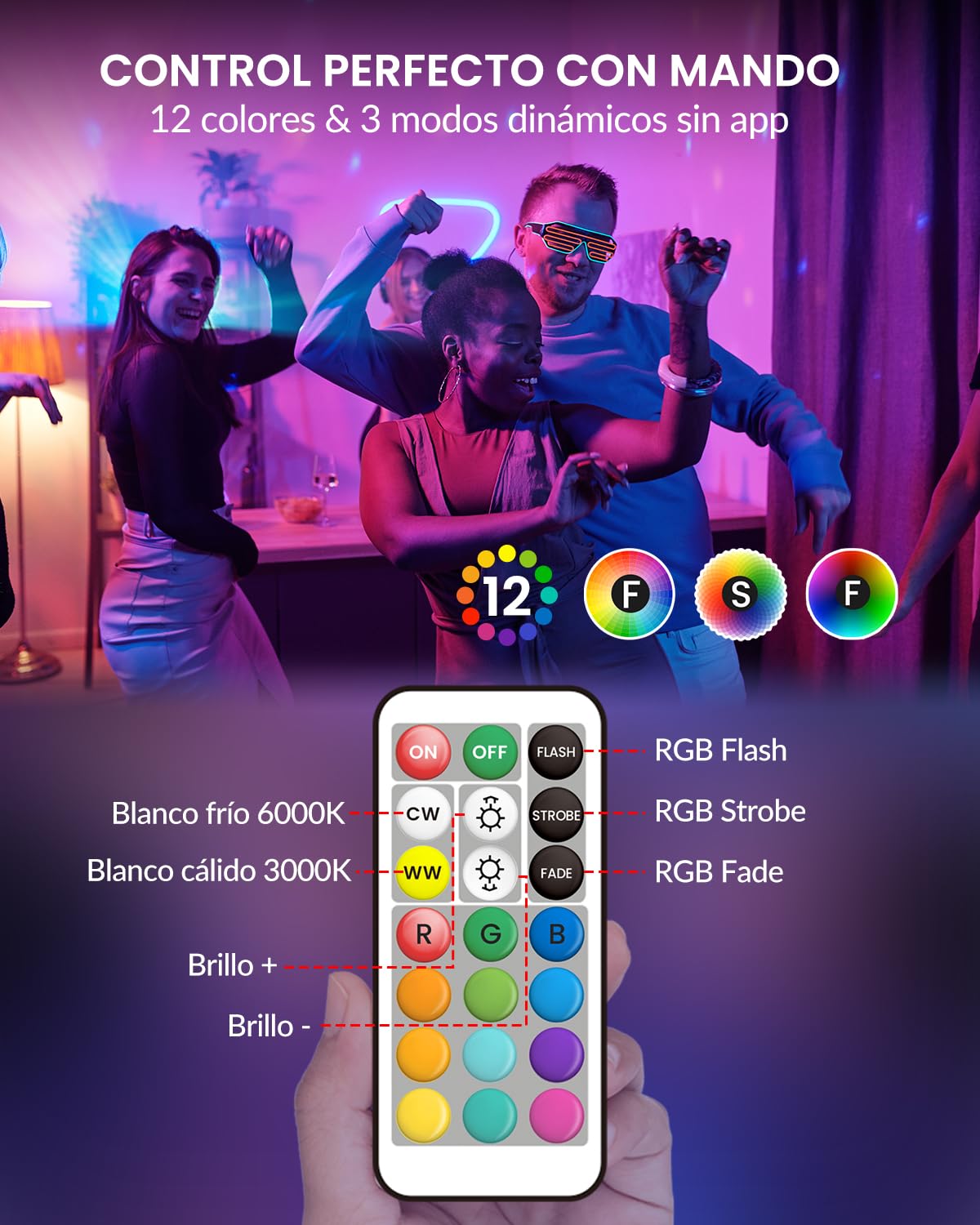 3W MR16 GU5. 3 Bombilla LED RGB Regulable, Bombillas LED MR16 RGBW de 12V Iluminación Ambiental con Control Remoto, 12 Color + Blanco Cálido + Blanco Frío paquete de 2
