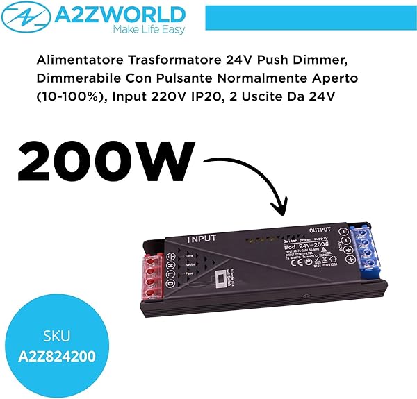 Alimentatore Trasformatore 24V 200W, Dimmerabile con Pulsante NO (10-100%), Memoria e Spegnimento Soft, 2 Uscita Per Striscia Led, Push Dimmer Integrato, Funzione Deviatore e Invertitore, 162×50×25mm - 2