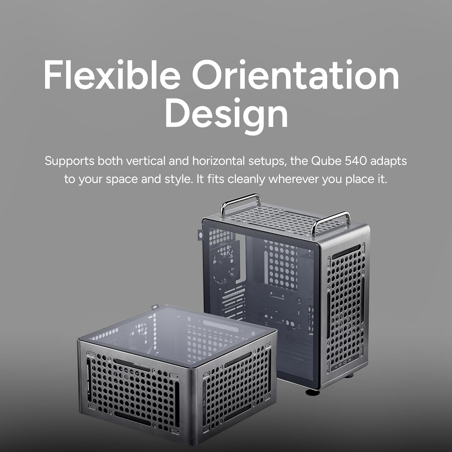 Cooler Master QUBE 540 ATX Mid-Tower PC Case – Highly Customizable Modular Computer Chassis with Movable I/O Panel, Multi-Position PSU Mount, Tempered Glass Panel & Portable Handles – Stardust Iron