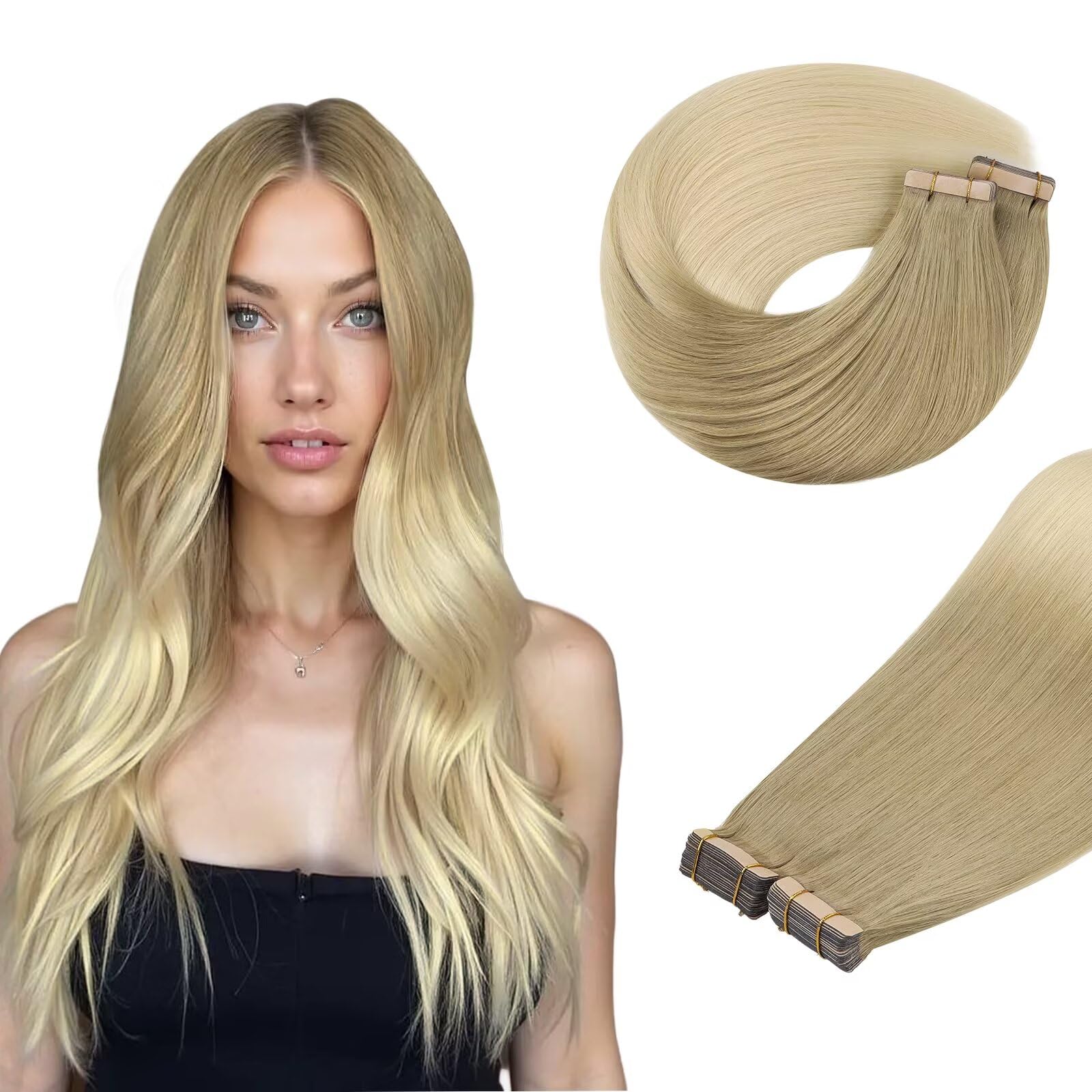 DOORES Human Hair Extensions Tape in, Light Brown to Golden Platinum Blonde 22 Inch 100g 40pcs, Tape in Hair Extensions Real Human Hair Extensions