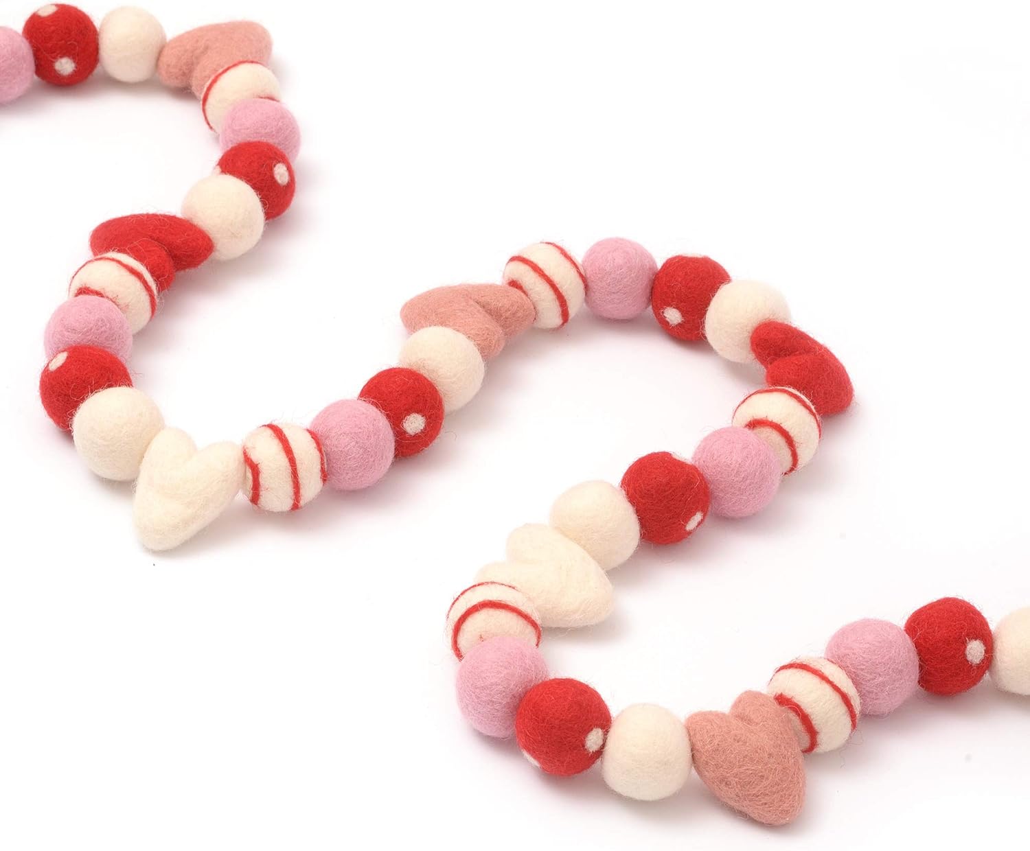 Glaciart One Valentine Felt Ball Garland with Swirl Balls - Handmade in Nepal Using New Zealand Wool - Reusable, Durable, Stylish & Versatile - Easy to Hang & Maintain - Red, White & Pink Set - 9ft