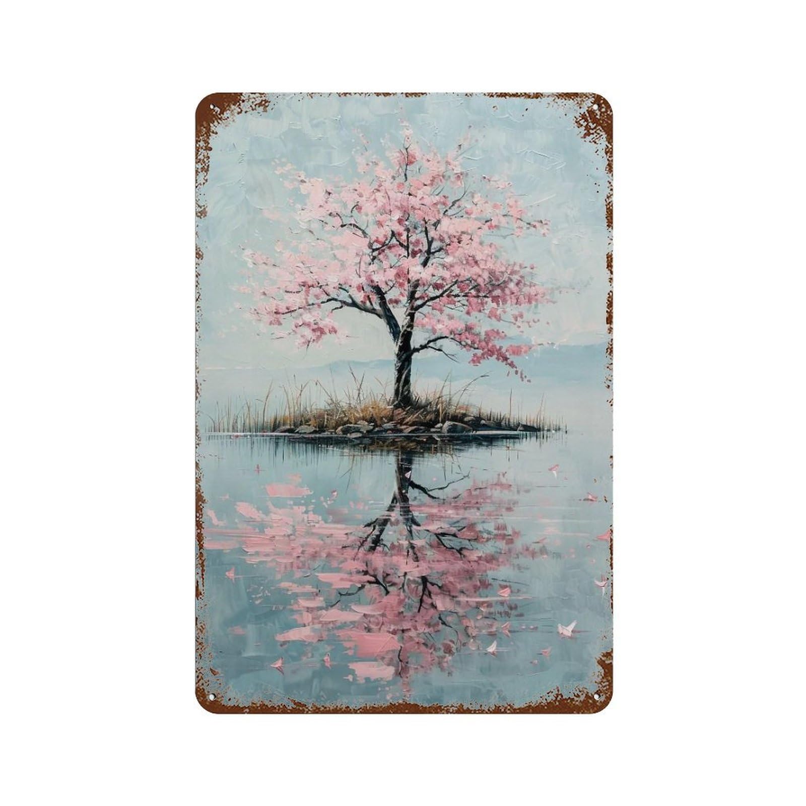 HDURYEYRYY Impasto Sakura Island Mirror Lake 02 Wall Retro Iron Vintage Art Metal Tin Sign Poster Modern Home Cofffee Club Art Bar Shop Decor Style 30x20cm
