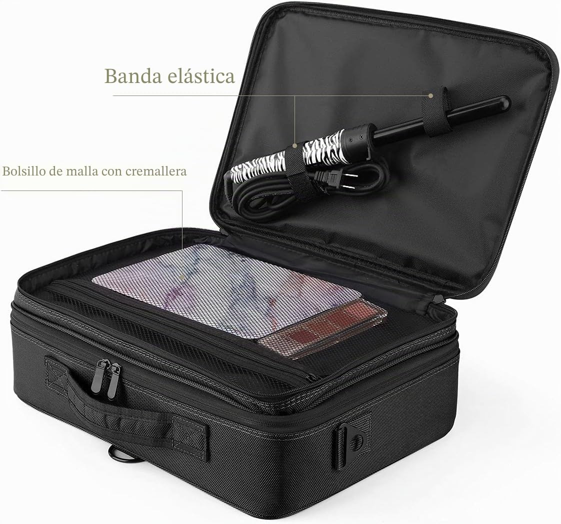 Luxspire Neceser Maquillaje con Divisor y Espejo para Mujer, Viaje Maletin Maquillaje Aseo Maleta Maquillaje Bolsa para Cosméticos, Organizador Estuche con Correa para Viaje Mujer, L - Negro