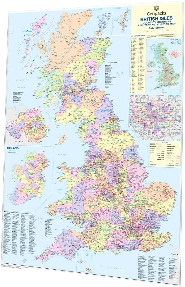 UK Wall Map - Large Travel Map to show Detailed Counties, Districts Postcode Areas & Population Figures, Laminated UK Map Poster, Wipe-Clean Surface, Perfect Traveler Gift 830 x 1200 mm