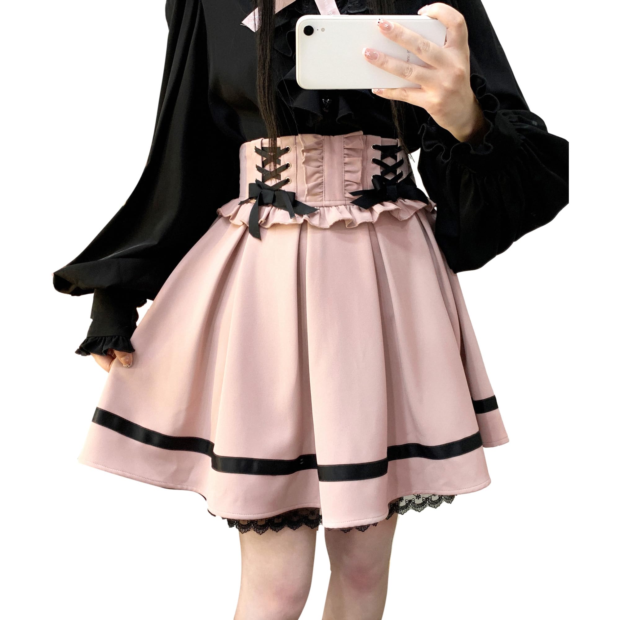 Lolita Kawaii - Minifalda con cordones para mujer, estilo gótico, plisado, cintura alta, lindas faldas con volantes y línea A para niña escolar - Rosado