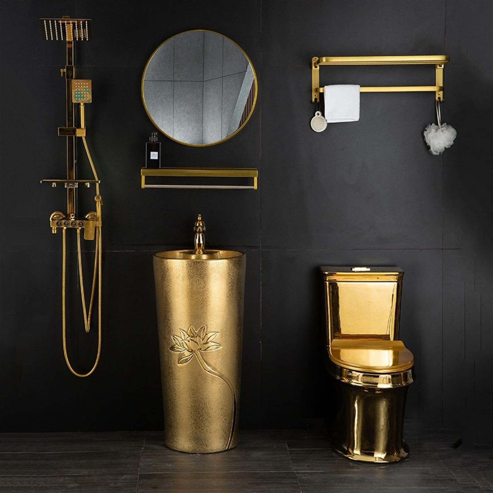Fregadero dorado con relieve de loto, lavabo de pie galvanizado dorado, fregadero de cerámica de una pieza, talla A, B-One Size