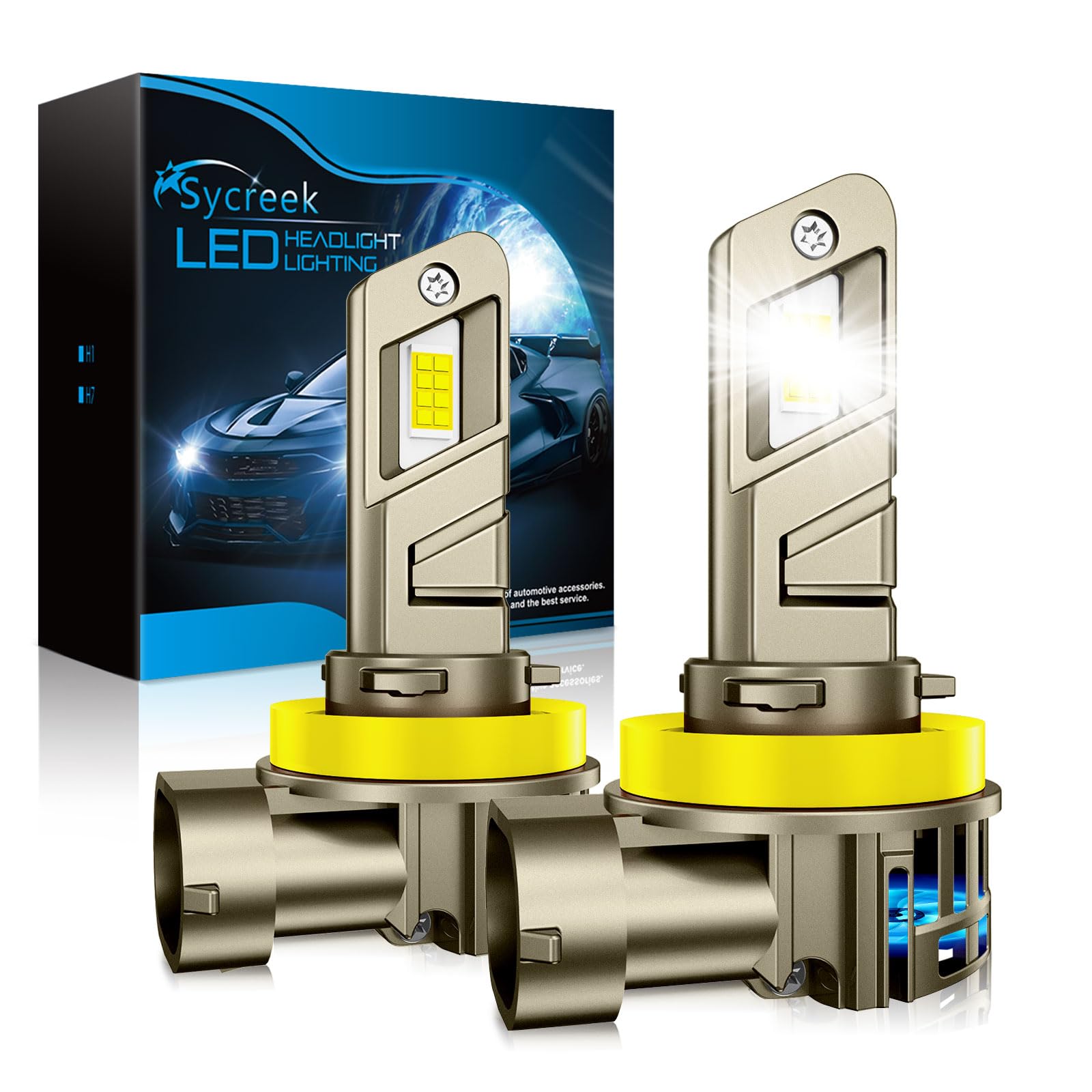 Sycreek Bombillas H8 H9 H11 LED,80W 28000LM 6500K Blanco,1:1 Mini Diseño para el Coche Kit de Reemplazo Halógeno,2 Led H11