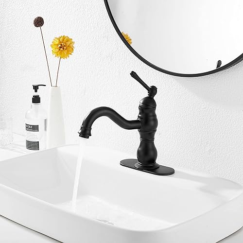 Miniatura 8 de GGStudy - Grifo de baño negro mate giratorio de 360, grifo de tocador de baño de una sola manija, un agujero, grifo de lavabo de baño negro a juego
