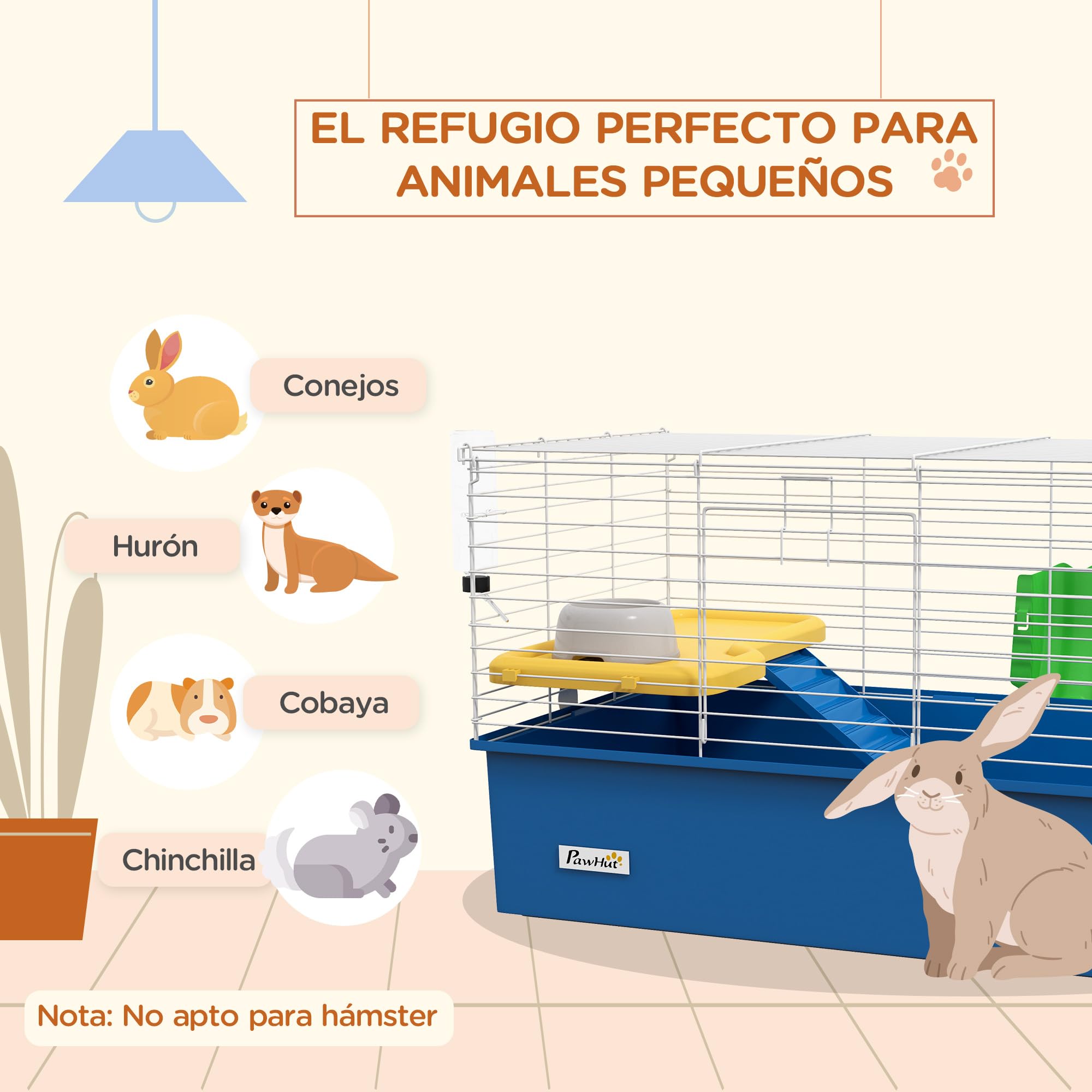 PawHut Jaula para Hurones con Bandeja Inferior Jaula para Animales Pequeños con Plataforma con Rampa Comedero y Bebedero Recinto para Conejos Pequeños Chinchillas Cobayas 71x46x47 cm Blanco y Azul