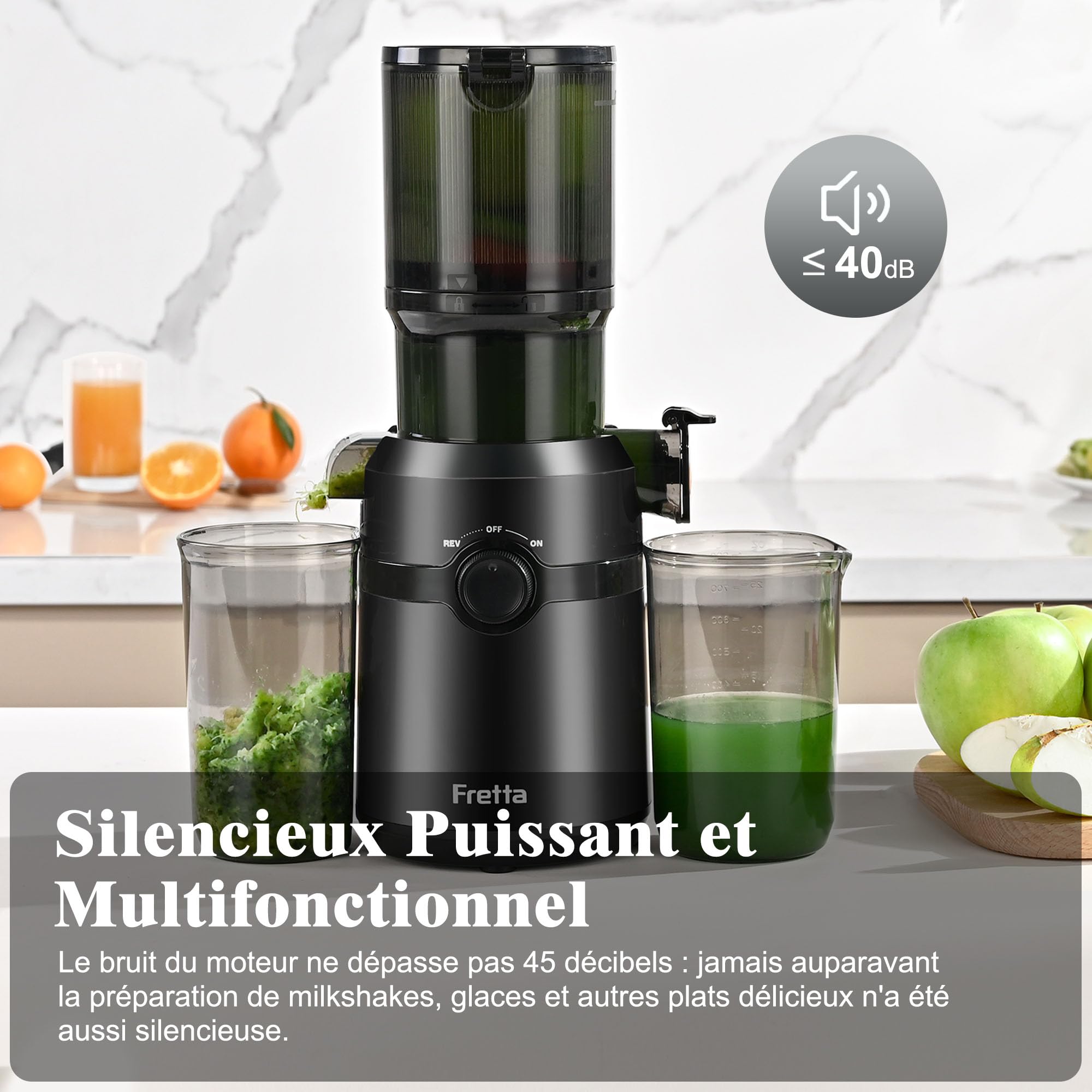 Extracteur de Jus Fretta, Presse à Froid, Grande Ouverture 108mm, 200W, 1L, Sans BPA, Noir