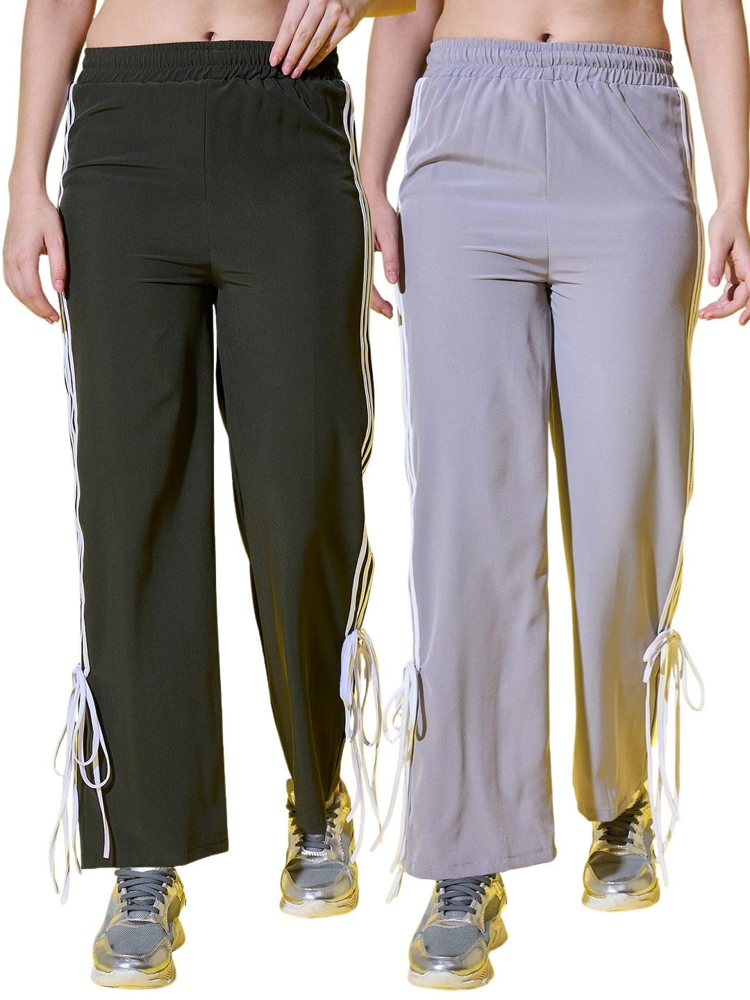 Combo Pack of 2- Dark Green Grey Track Pant for Women with Side Stripes and Ankle Tie Detail-picture-34